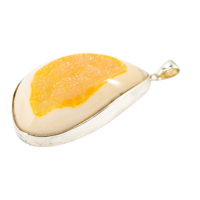 Yellow Druzy Agate Organic Freeform Modernist Pendant in Sterling Silver