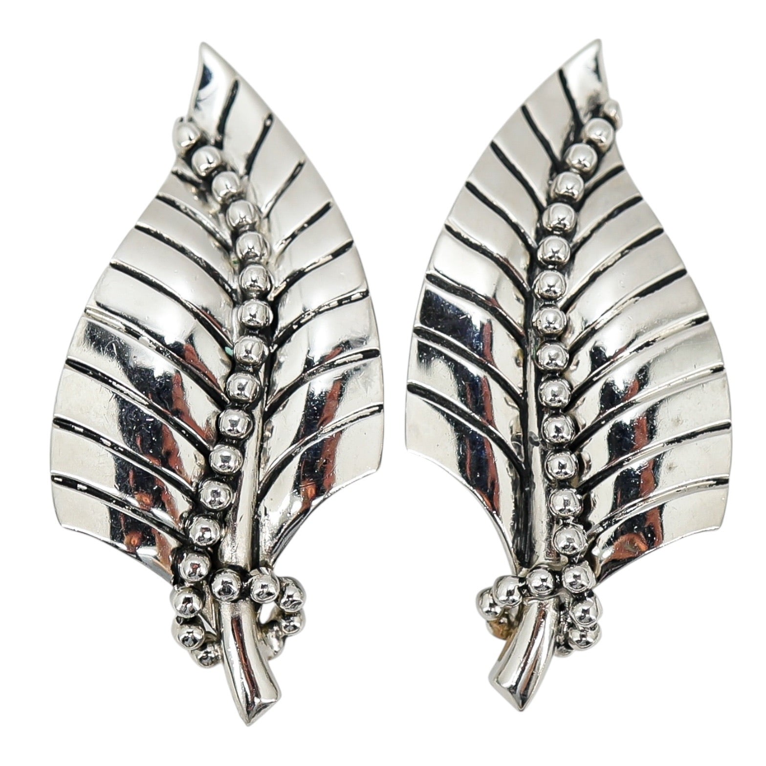 Vintage Whiting & Davis Clip-On Earrings Silver Tone Leaf Shape Large 2"