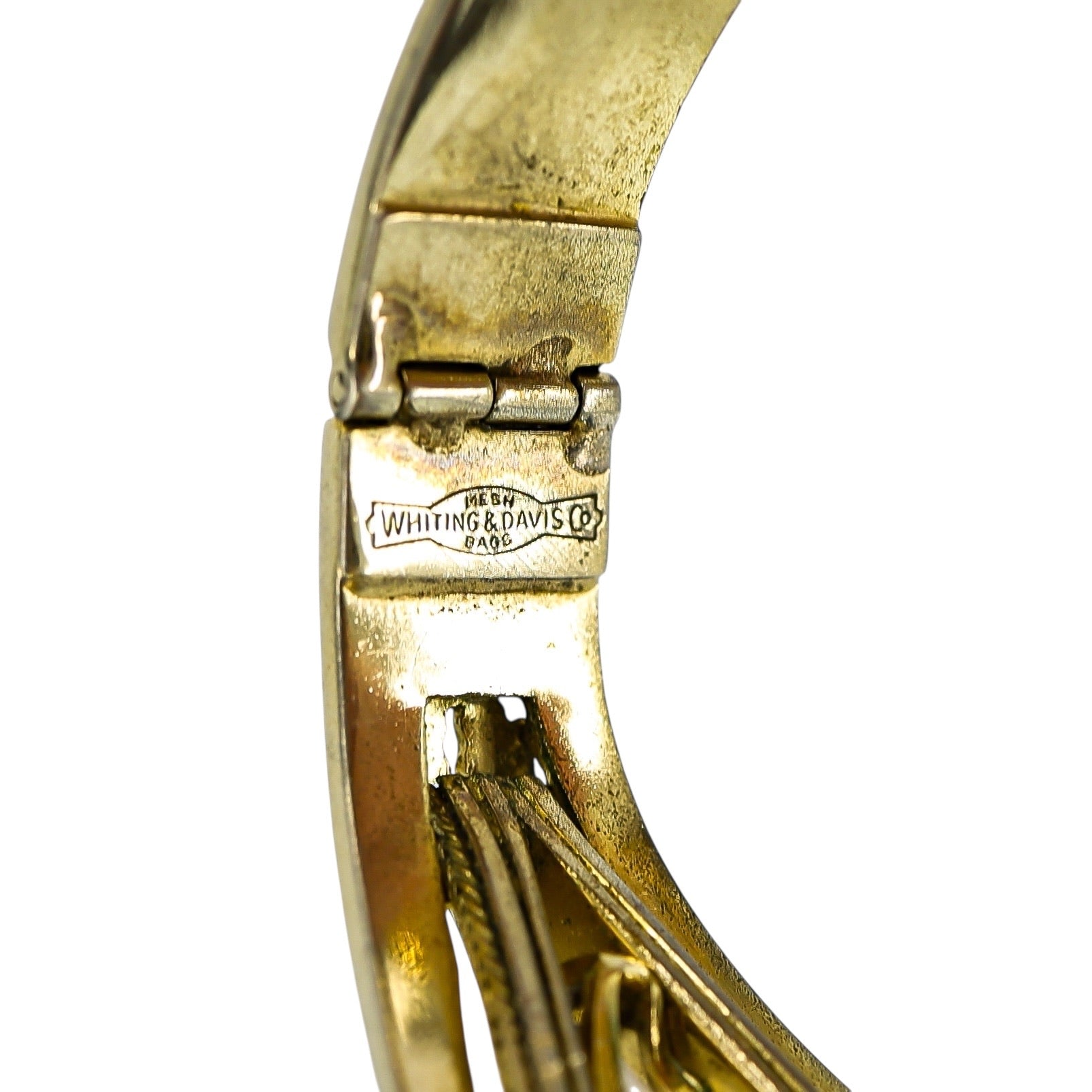 Vintage Antique ca 1920-40s Whiting & Davis Goldtone Hinged Bangle Bracelet Smoky Glass