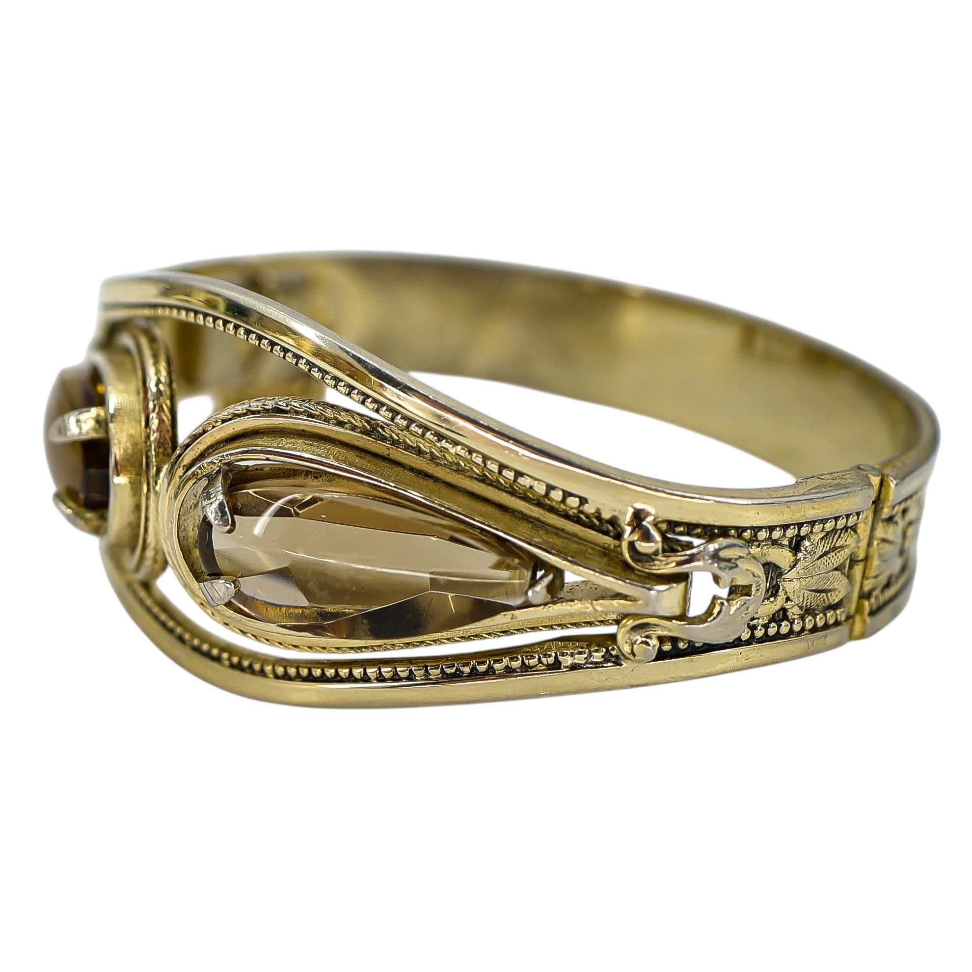 Vintage Antique ca 1920-40s Whiting & Davis Goldtone Hinged Bangle Bracelet Smoky Glass