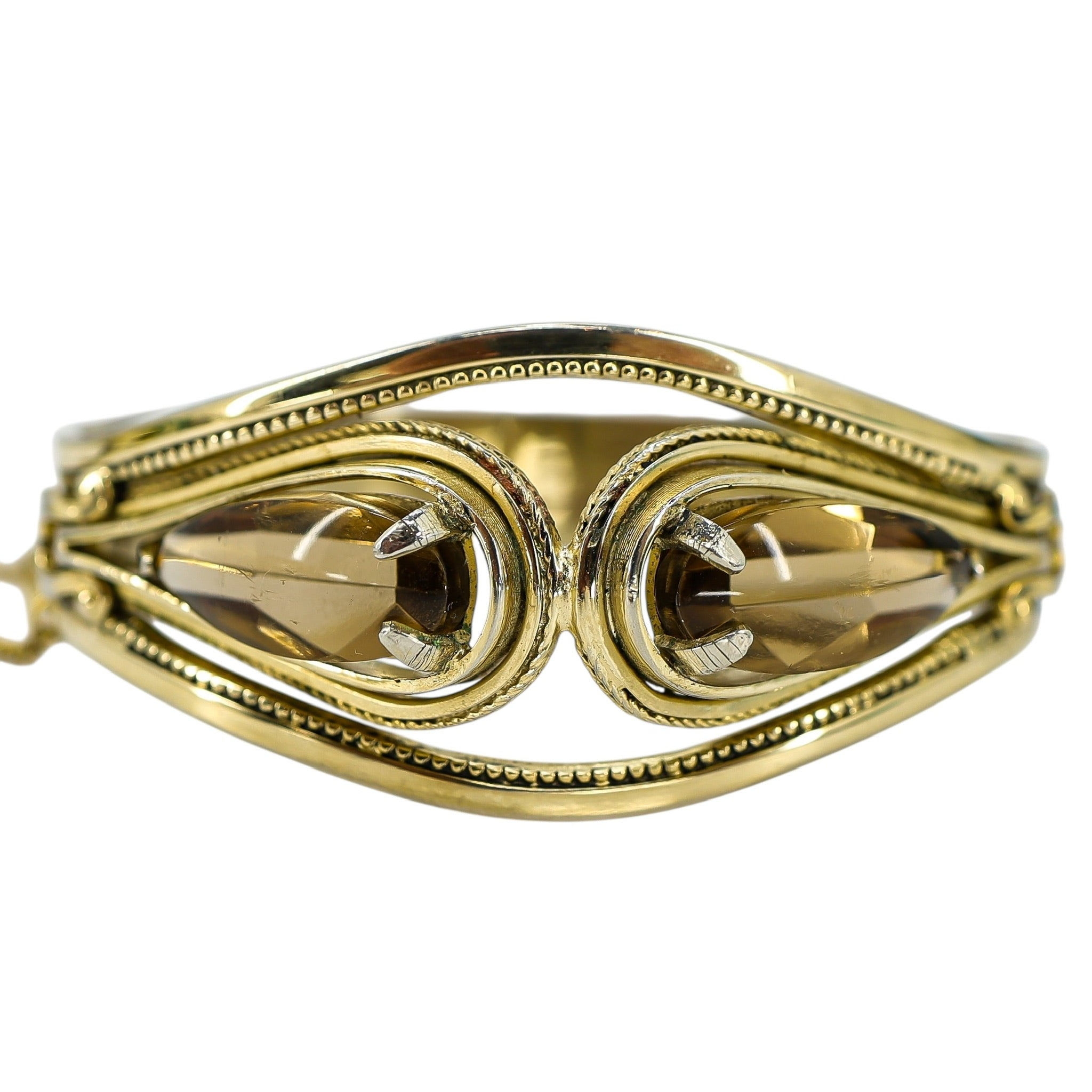 Vintage Antique ca 1920-40s Whiting & Davis Goldtone Hinged Bangle Bracelet Smoky Glass