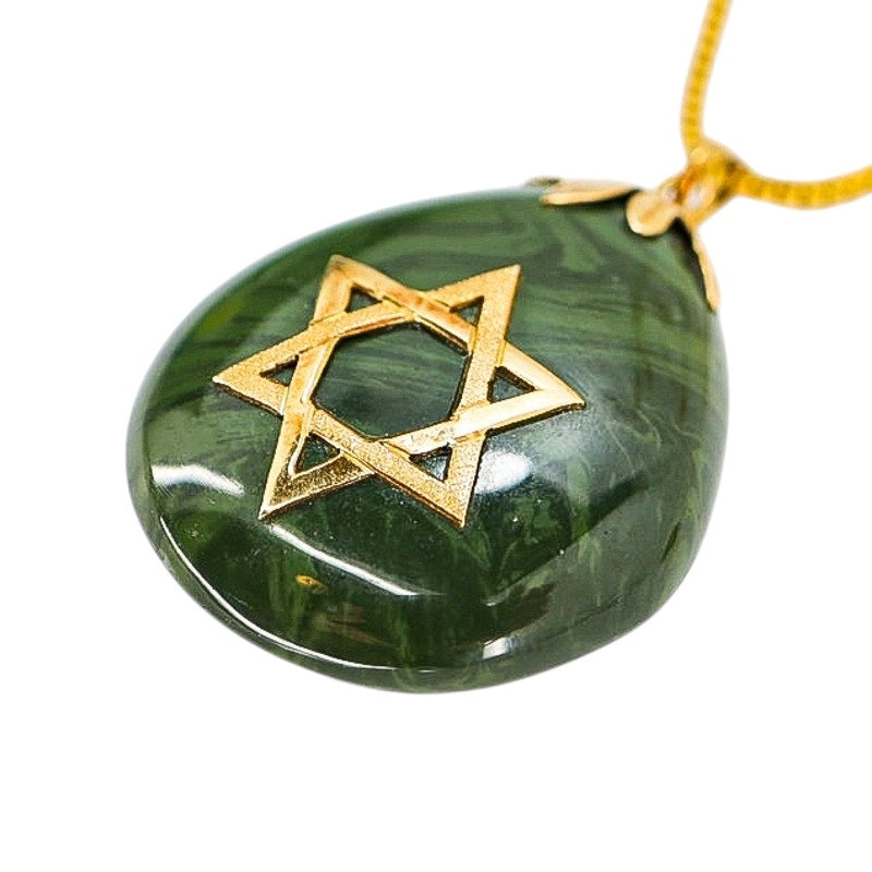 Vintage Ca 1970s Judaica Star Of David Pendant Necklace Green Artistic Resin