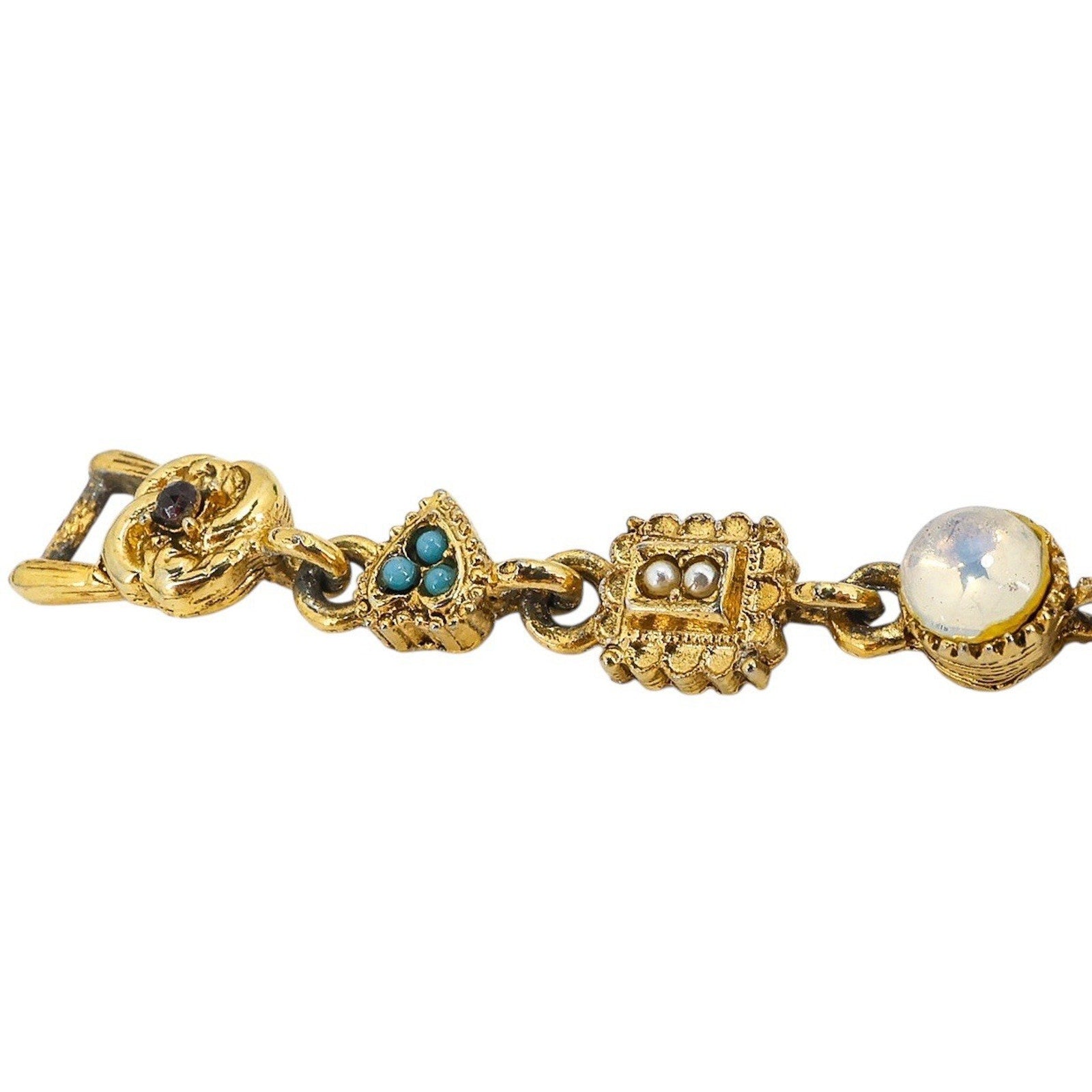 Vintage Signed ART Charm Bracelet Ornate Victorian Revival GoldTone 7.3”