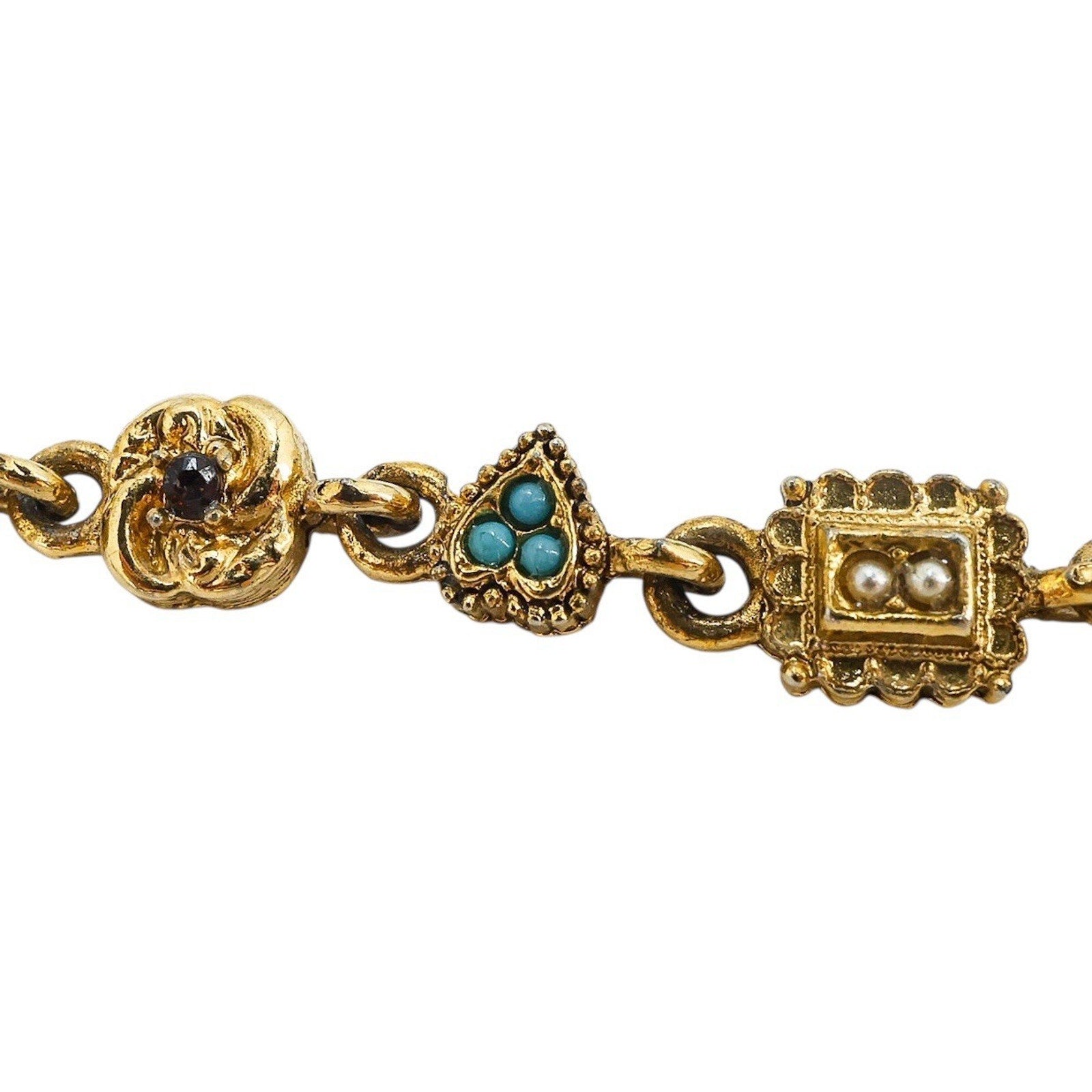 Vintage Signed ART Charm Bracelet Ornate Victorian Revival GoldTone 7.3”