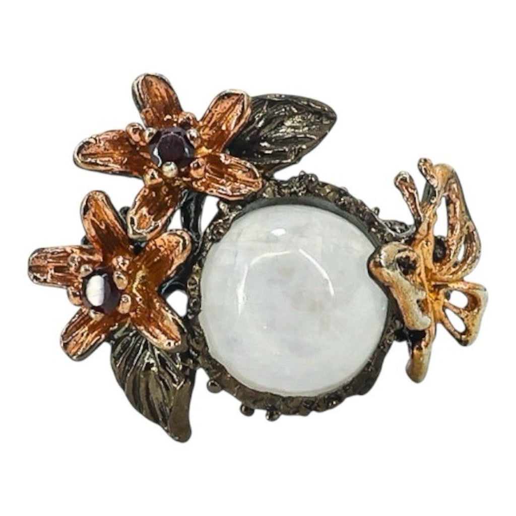 Sterling Silver Whimsical Garden Ring W Moonstone Flowers & Butterfly Size 8.5