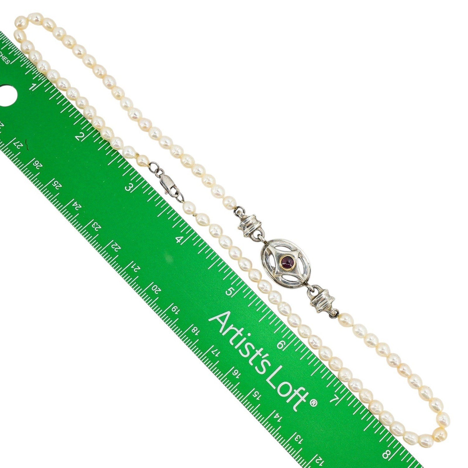 Artisan Sterling Silver & Freshwater Pearl Necklace W Garnet Centerpiece 18”