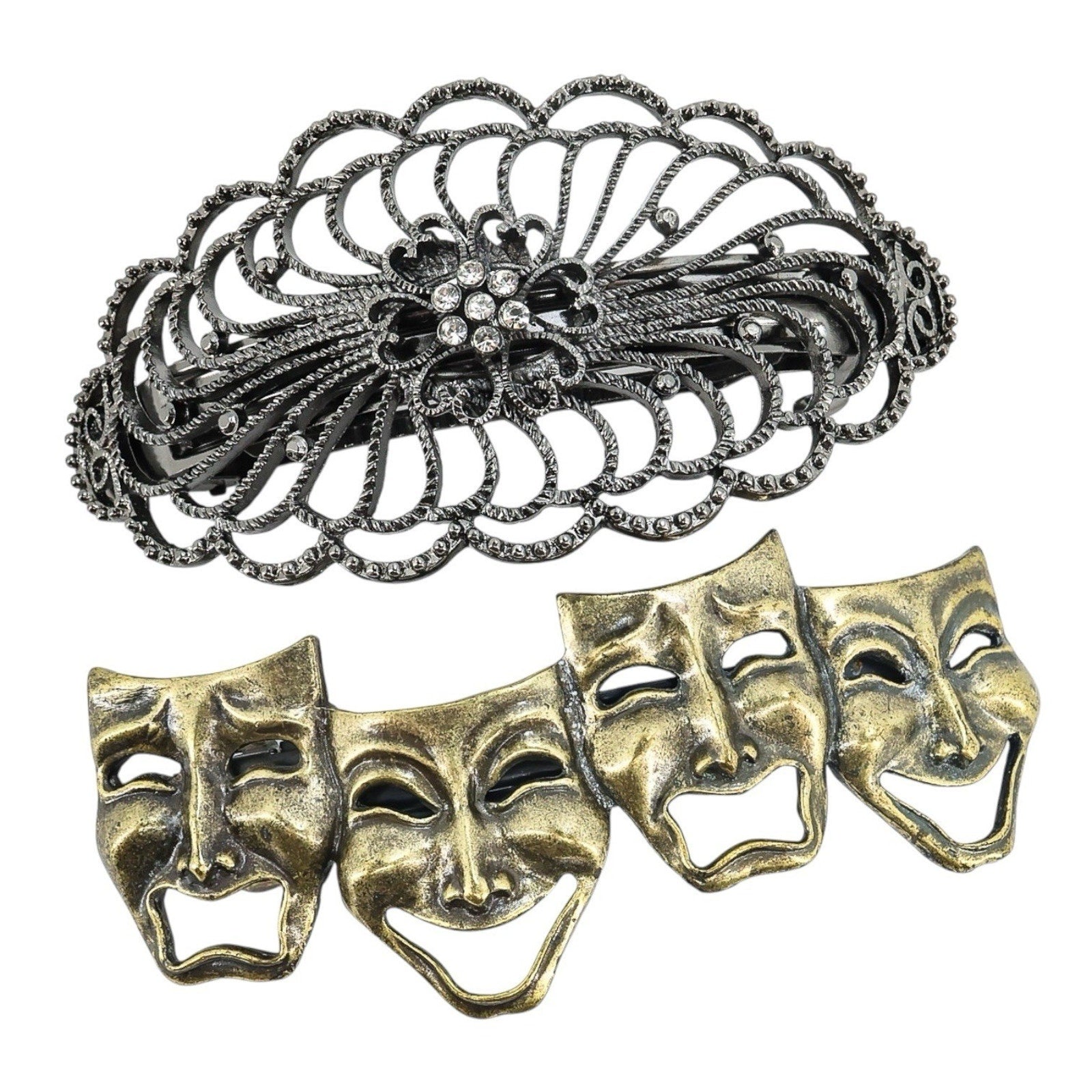 Lot Of Metal Hair Clips Barrettes - Brass Comedy Tragedy Masks - Gunmetal Filigree