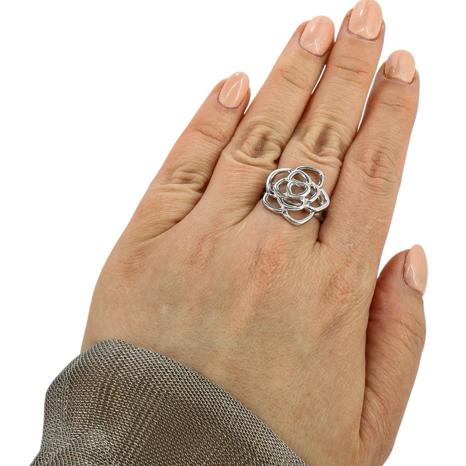 Sterling Silver Openwork Rose Ring 925 Floral Outline Heart Center 3.7G Size 9