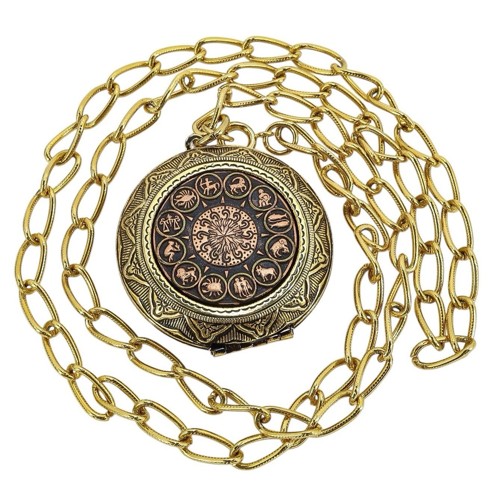 Vintage MCM Zodiac Astrology Pendant Locket Necklace 12 Signs Copper & Goldtone