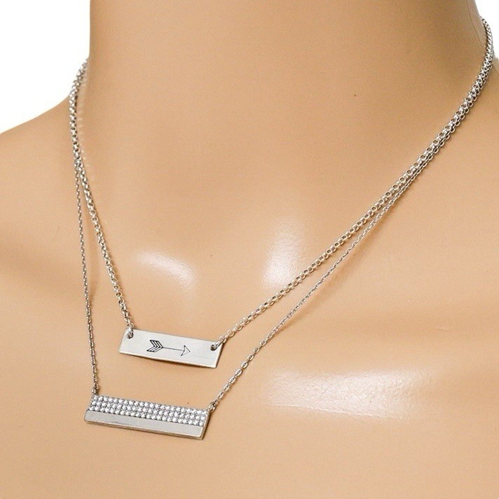 Lot of 2 Layered Necklaces Minimalist Elegant Sterling Silver Bar Pendants