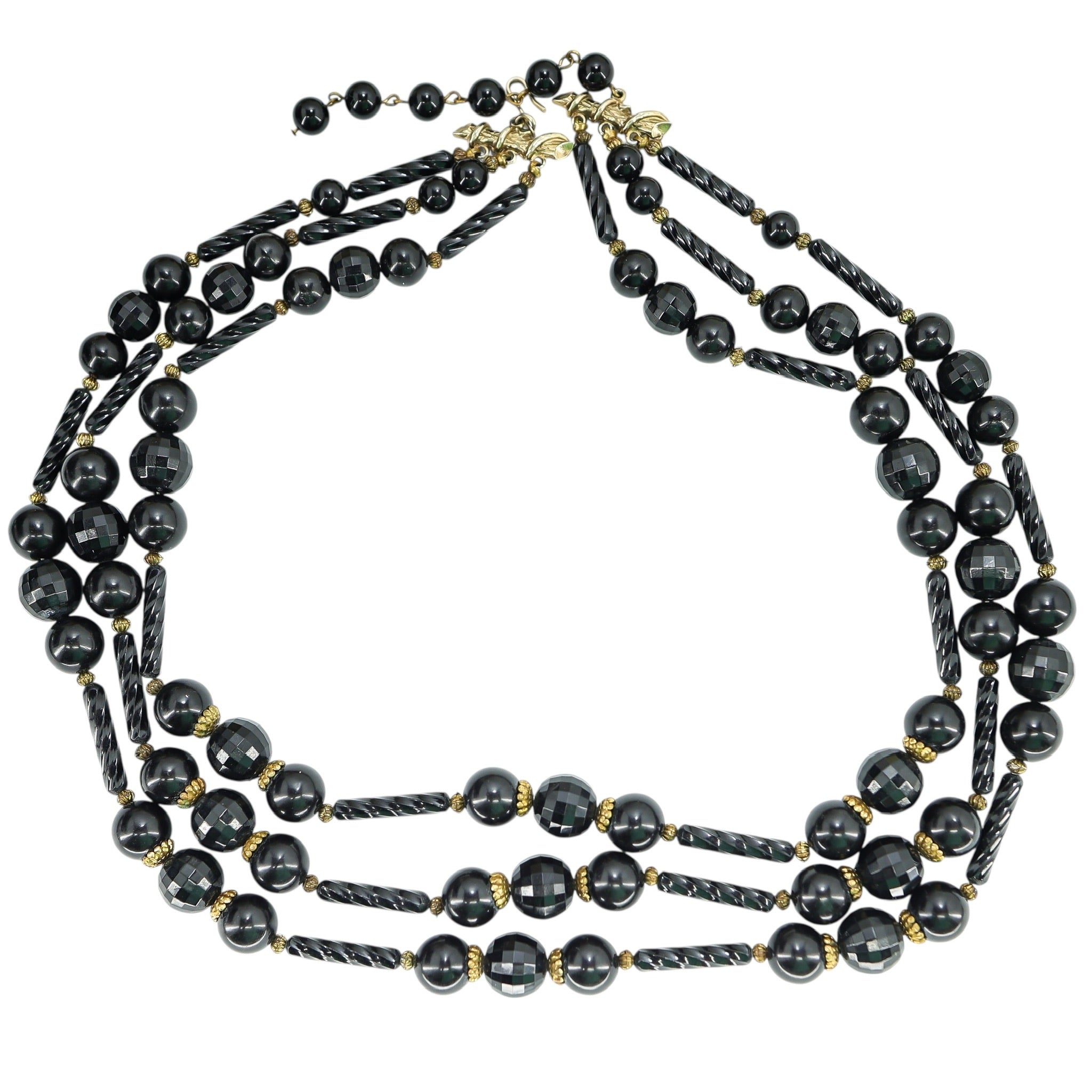 Vintage Cellulose Acetate Black Beaded Necklace - 3 Strands - Ornate - MCM