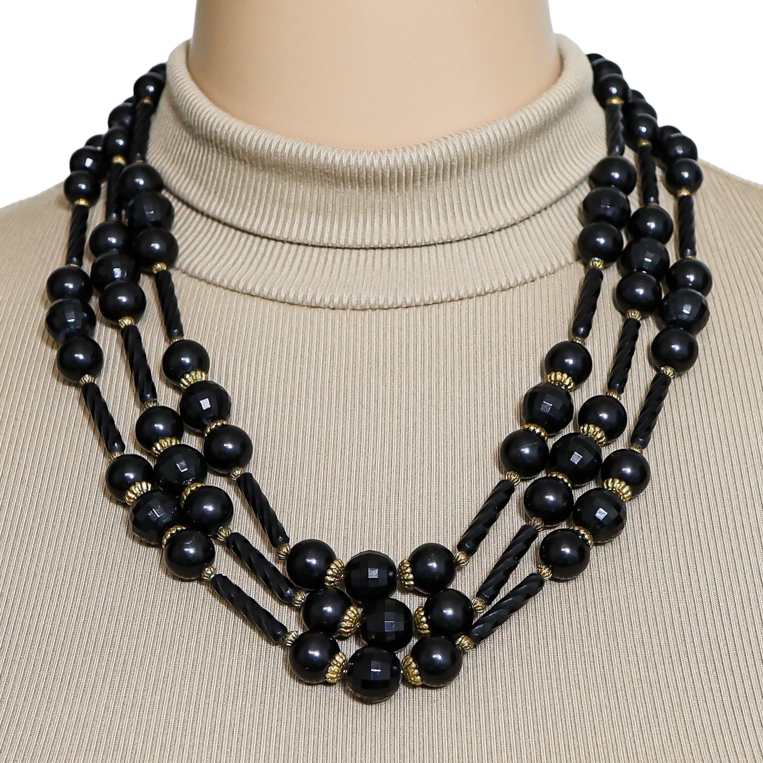 Vintage Cellulose Acetate Black Beaded Necklace - 3 Strands - Ornate - MCM