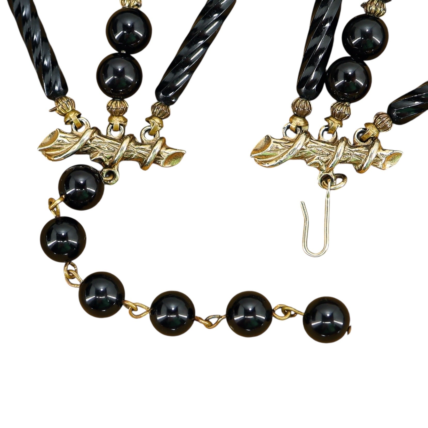 Vintage Cellulose Acetate Black Beaded Necklace - 3 Strands - Ornate - MCM