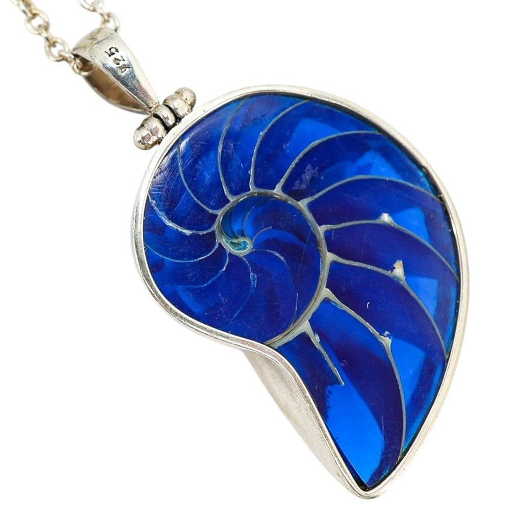 Sterling Silver Nautilus Pendant Necklace – Blue Resin Inlay & Mother of Pearl