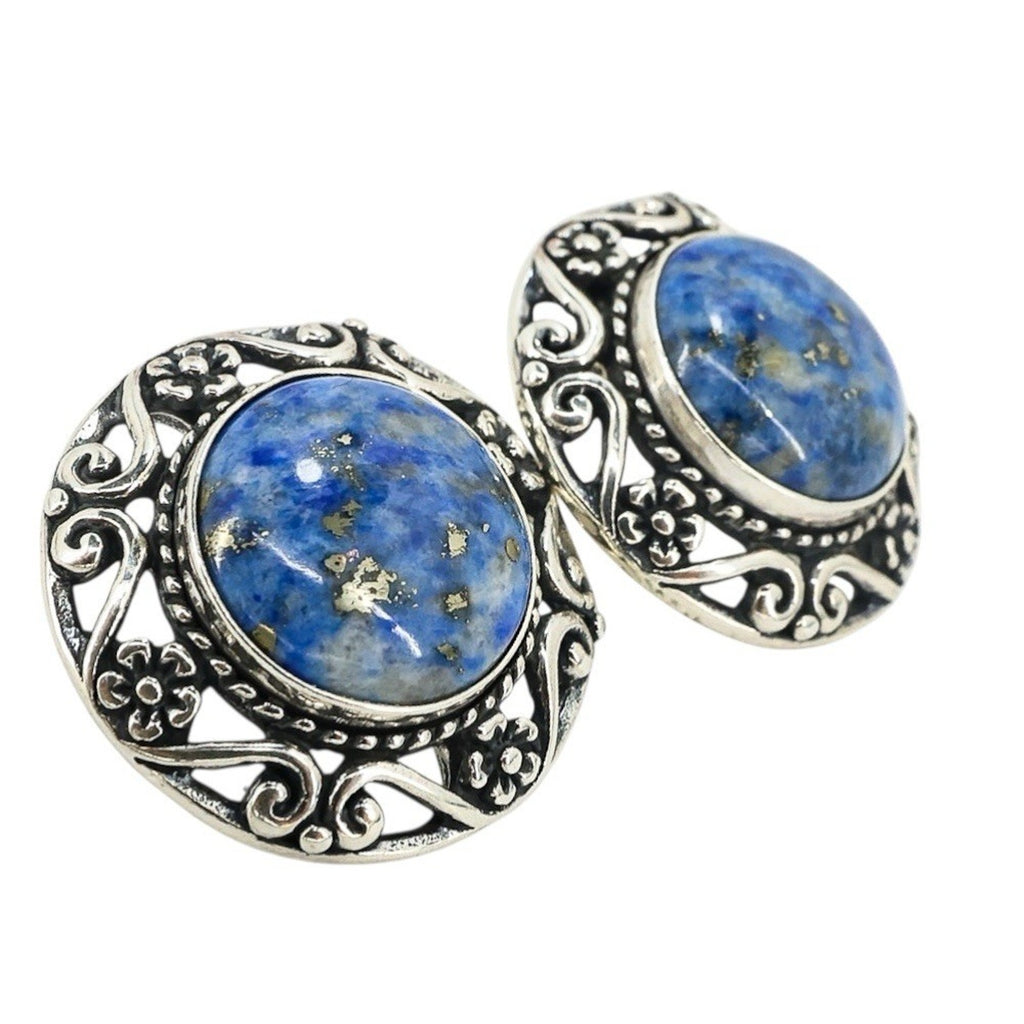 Sterling Silver Scroll Earrings - Sodalite With Pyrite Signed Relios