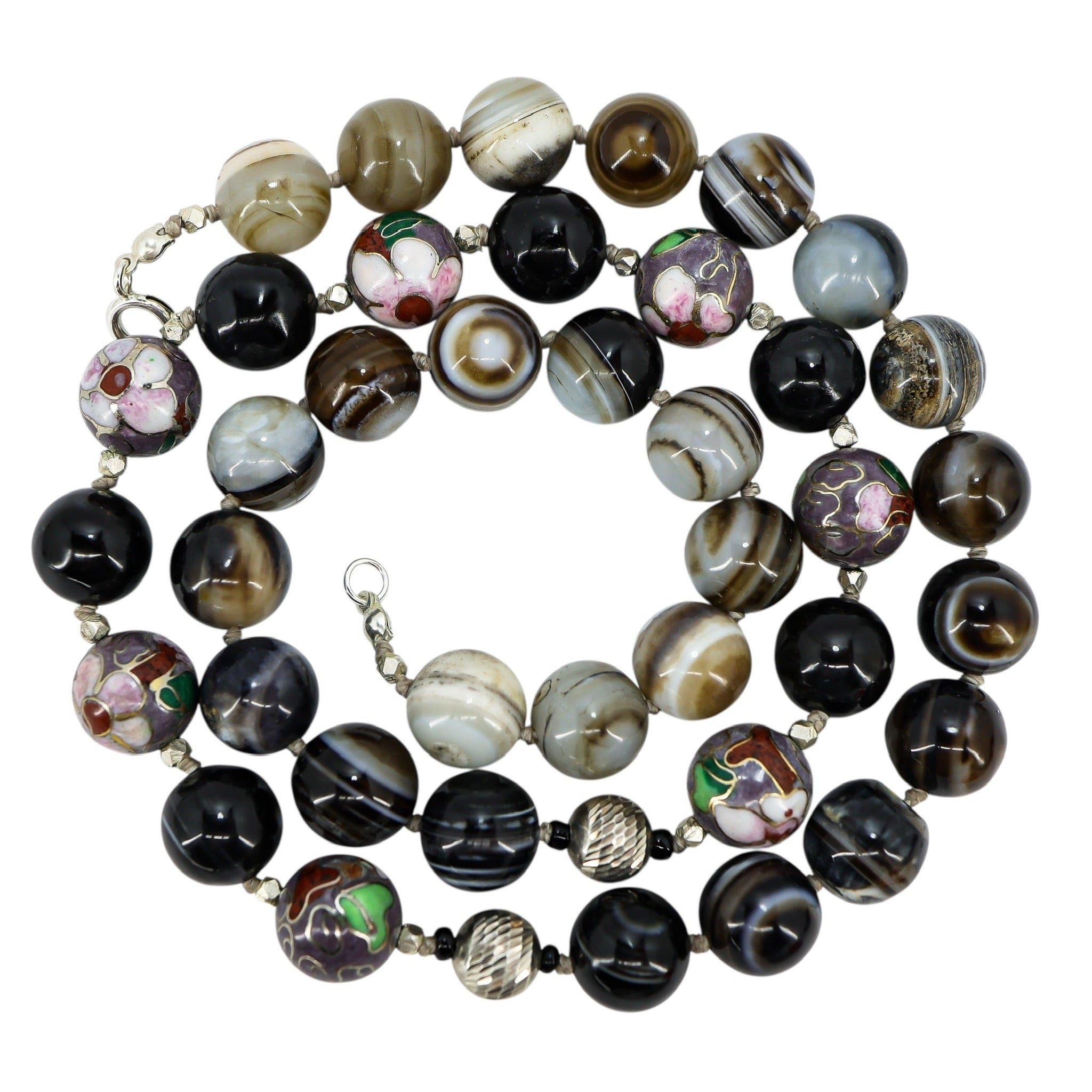 Hand-Knotted Cloisonne, Banded Agate Sterling Silver Necklace – Artisan Boho Statement