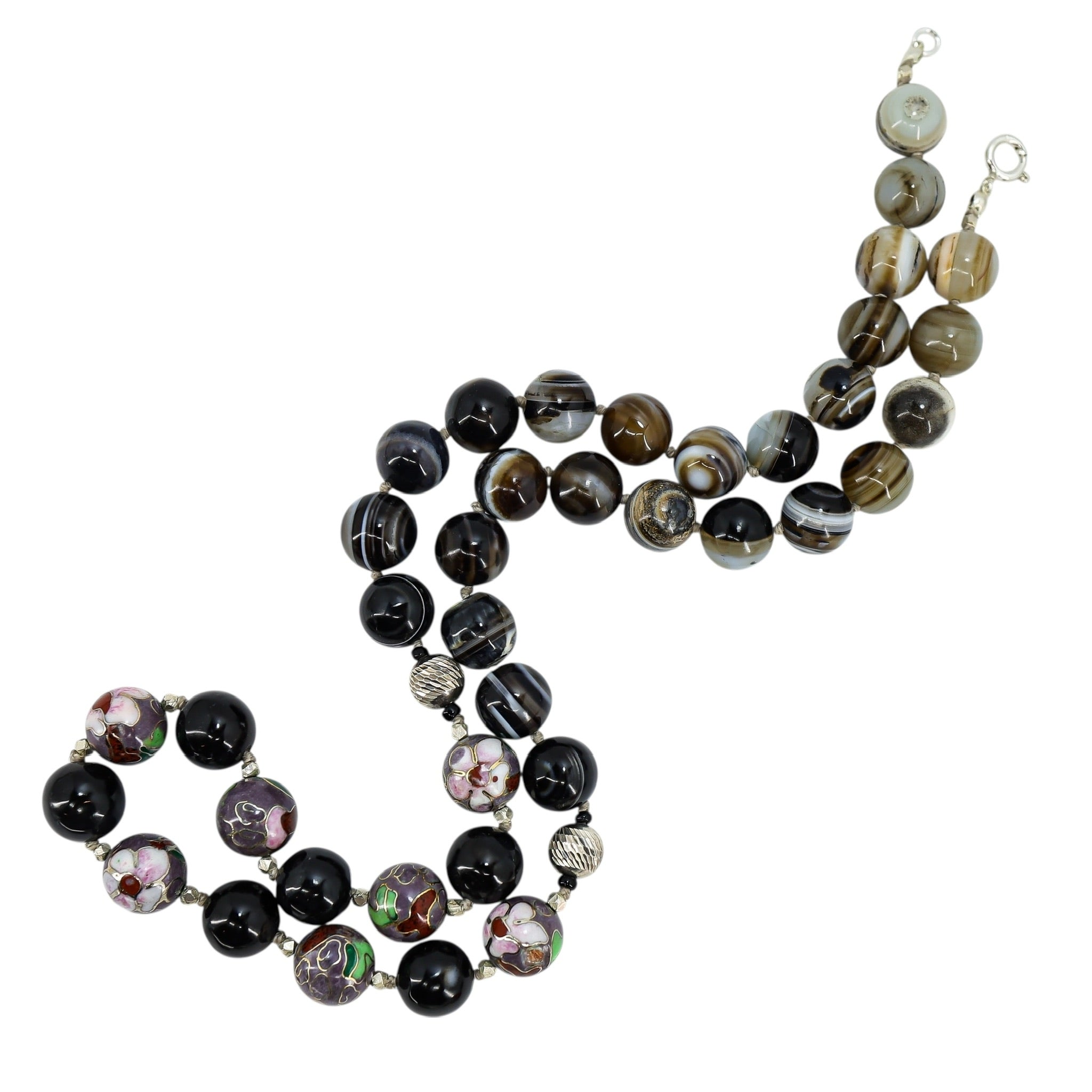 Hand-Knotted Banded Agate, Cloisonné & Sterling Silver Bead Necklace – 24” Artisan Statement