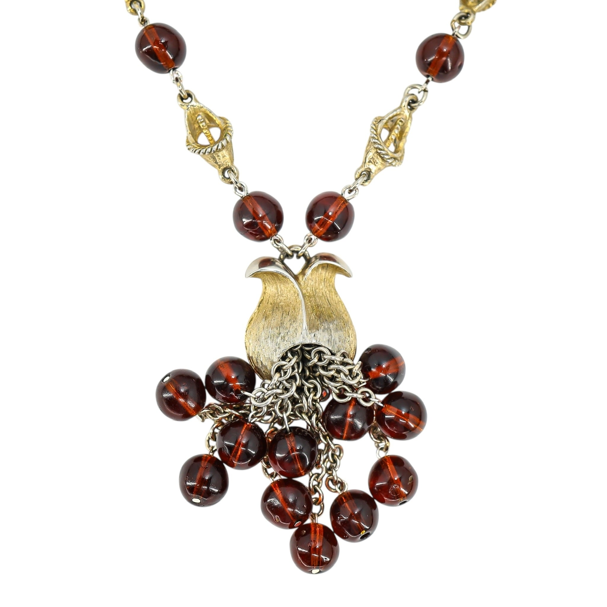 Reworked Mid Century Statement Necklace – Sculptural Floral Links & Amber Glass Tulip Tassel Pendant
