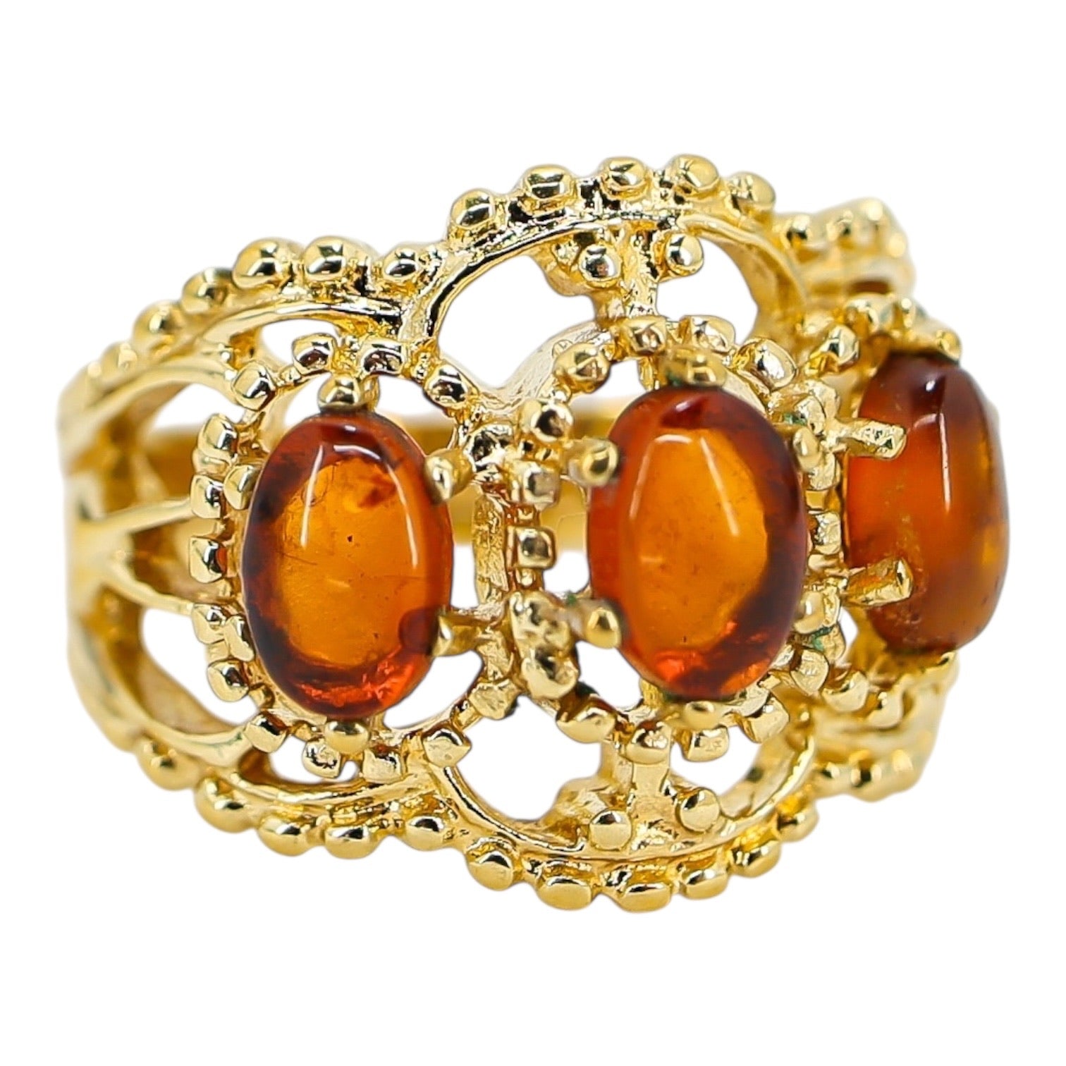 14K Gold-Plated Stainless Steel Baltic Amber Ring – Architectural Openwork Statement 3 Cabs