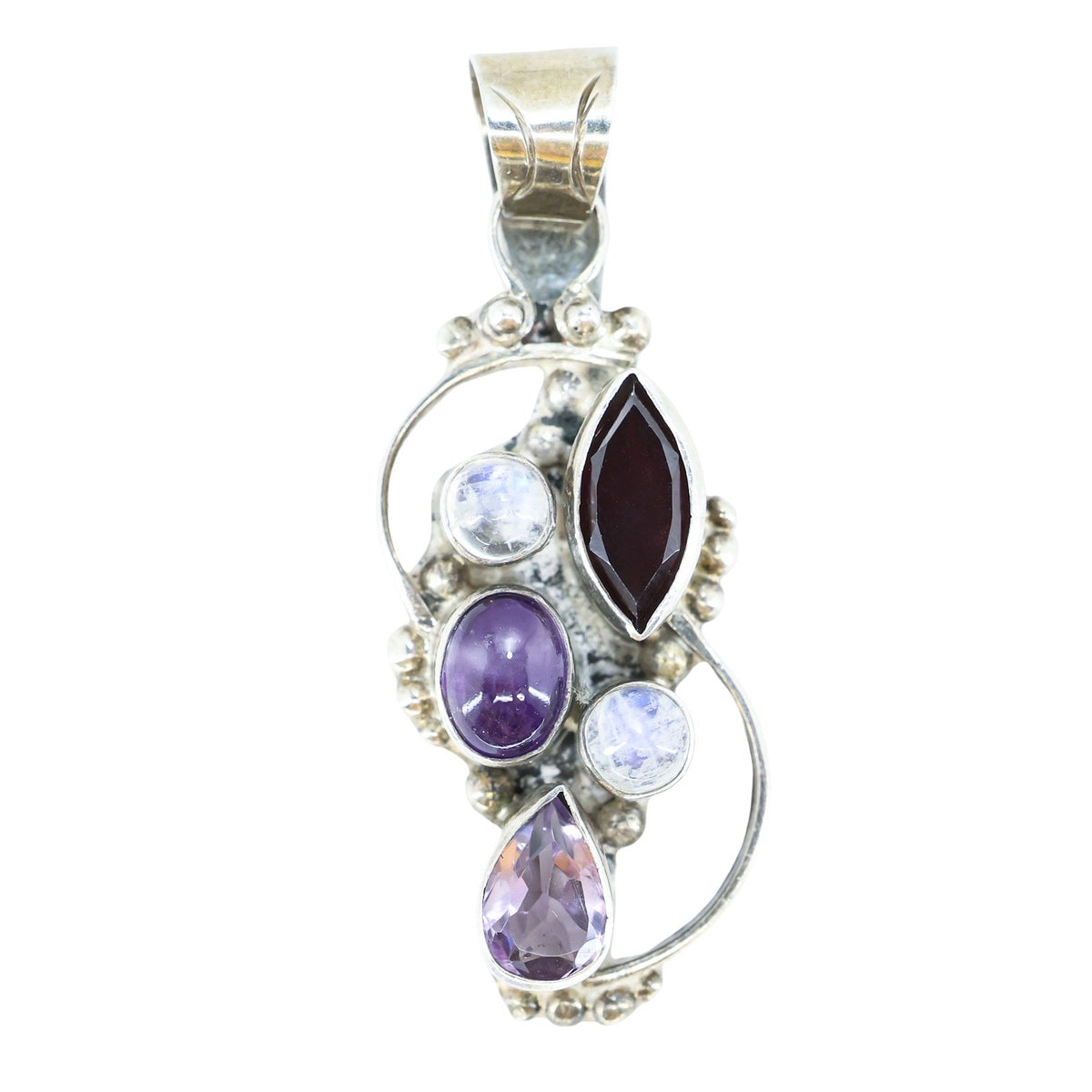 Artisan Tested Silver Pendant With Amethyst Moonstone And Garnet Bezel Set 1.75"