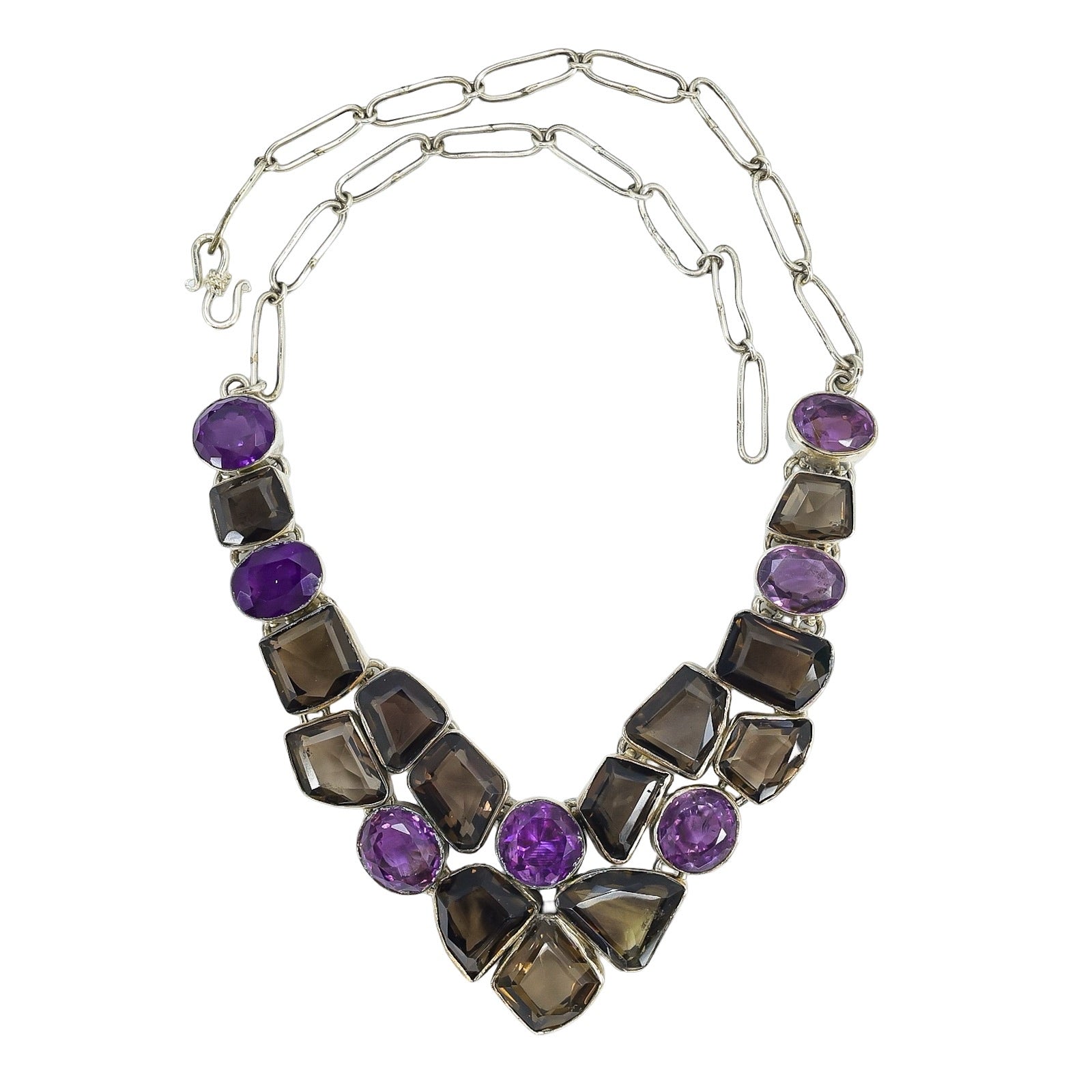 Smoky Quartz & Amethyst Statement Necklace In Solid Silver - Artisan Gemstone Bib - Jaipur Style