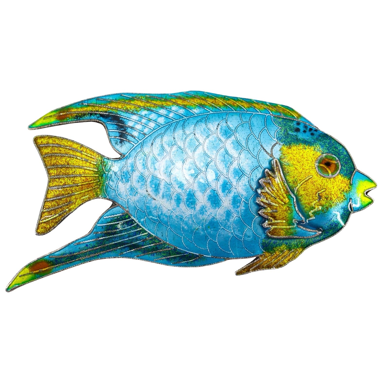 Vintage Tropical Angel Fish Brooch - Enameled Sterling Silver - 2.5in