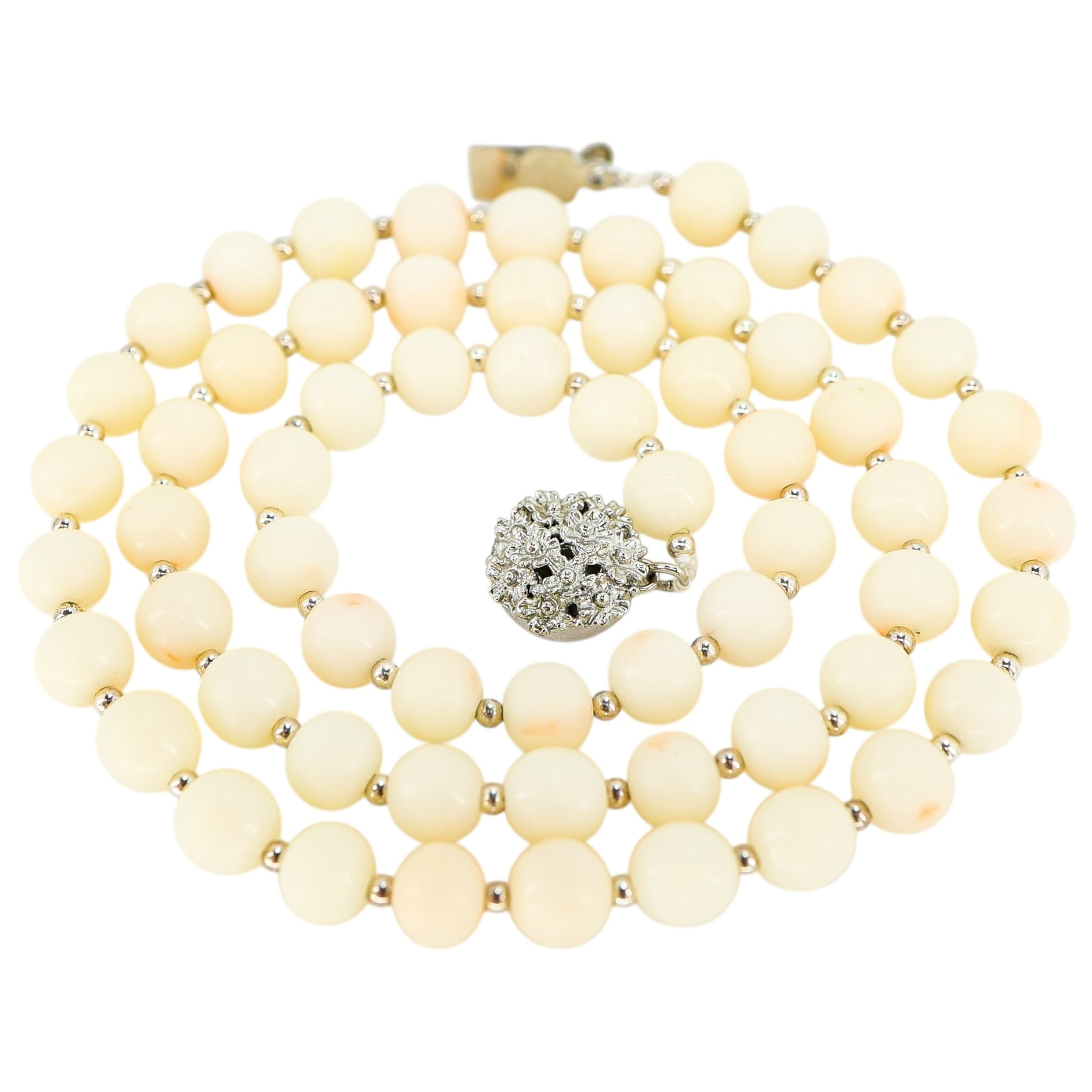 Vintage White Angel Skin Coral Necklace With Sterling Spacers And Ornate Clasp