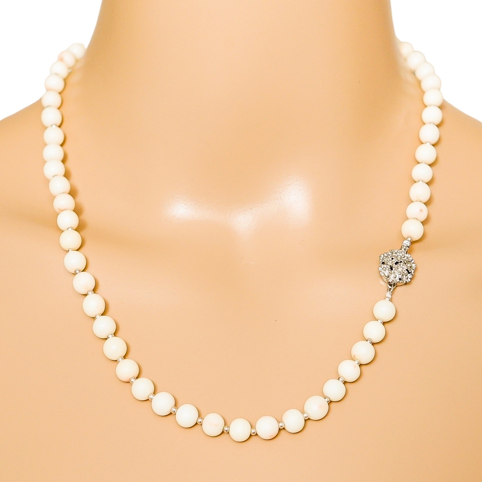 Vintage White Angel Skin Coral Necklace With Sterling Spacers And Ornate Clasp