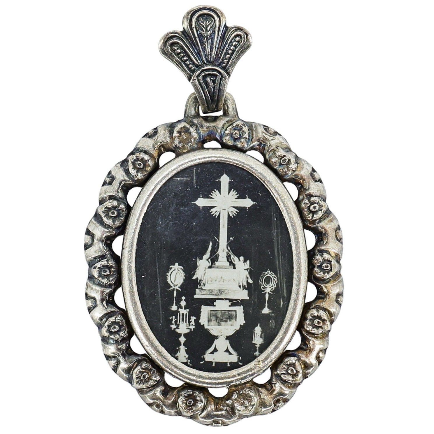 Antique Religious Gothic Photo Insert Pendant Brooch