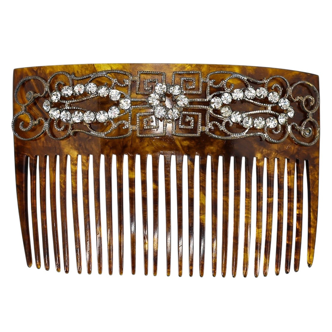 Vintage Art Deco Faux Tortoise Acetate Hair Comb Applied Filigree & Rhinestones