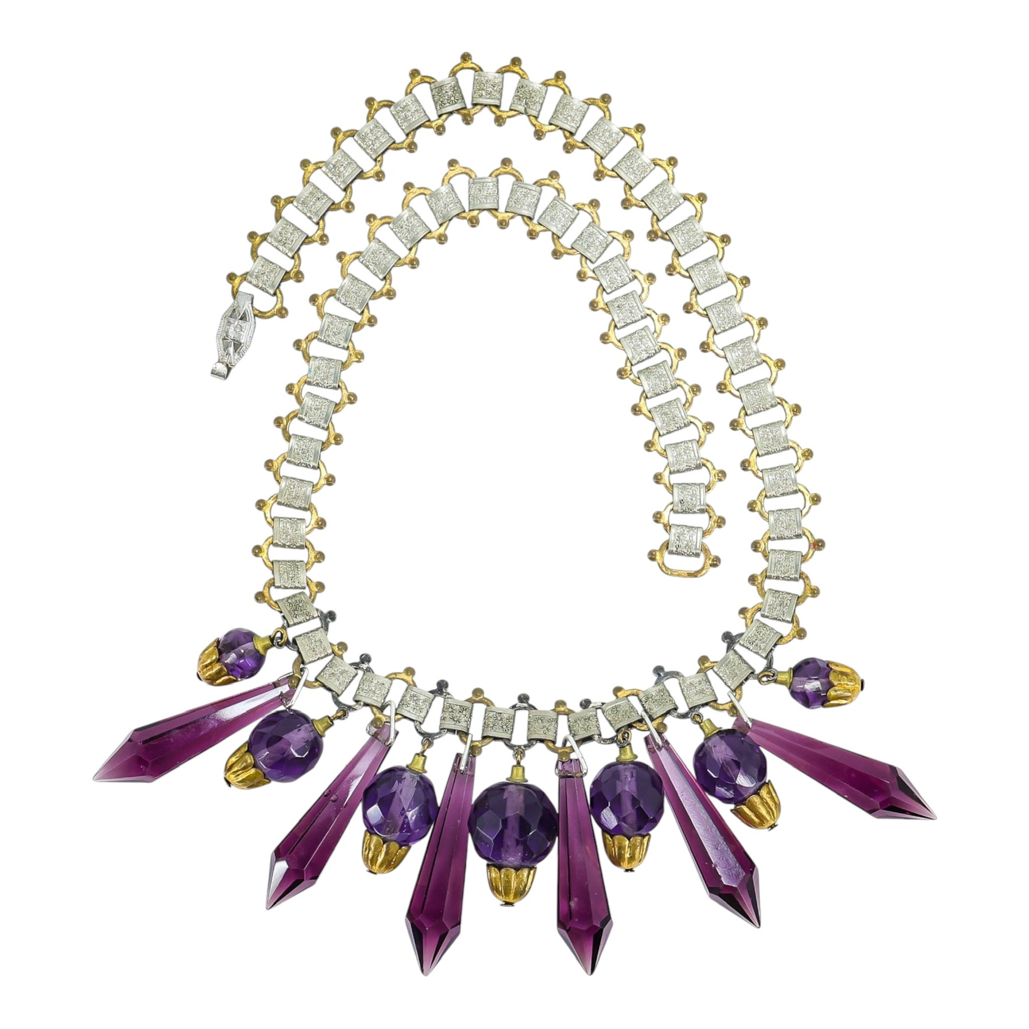 Vintage Art Deco Czech Amethyst Glass Fringe Necklace - Strong Manganese Glow