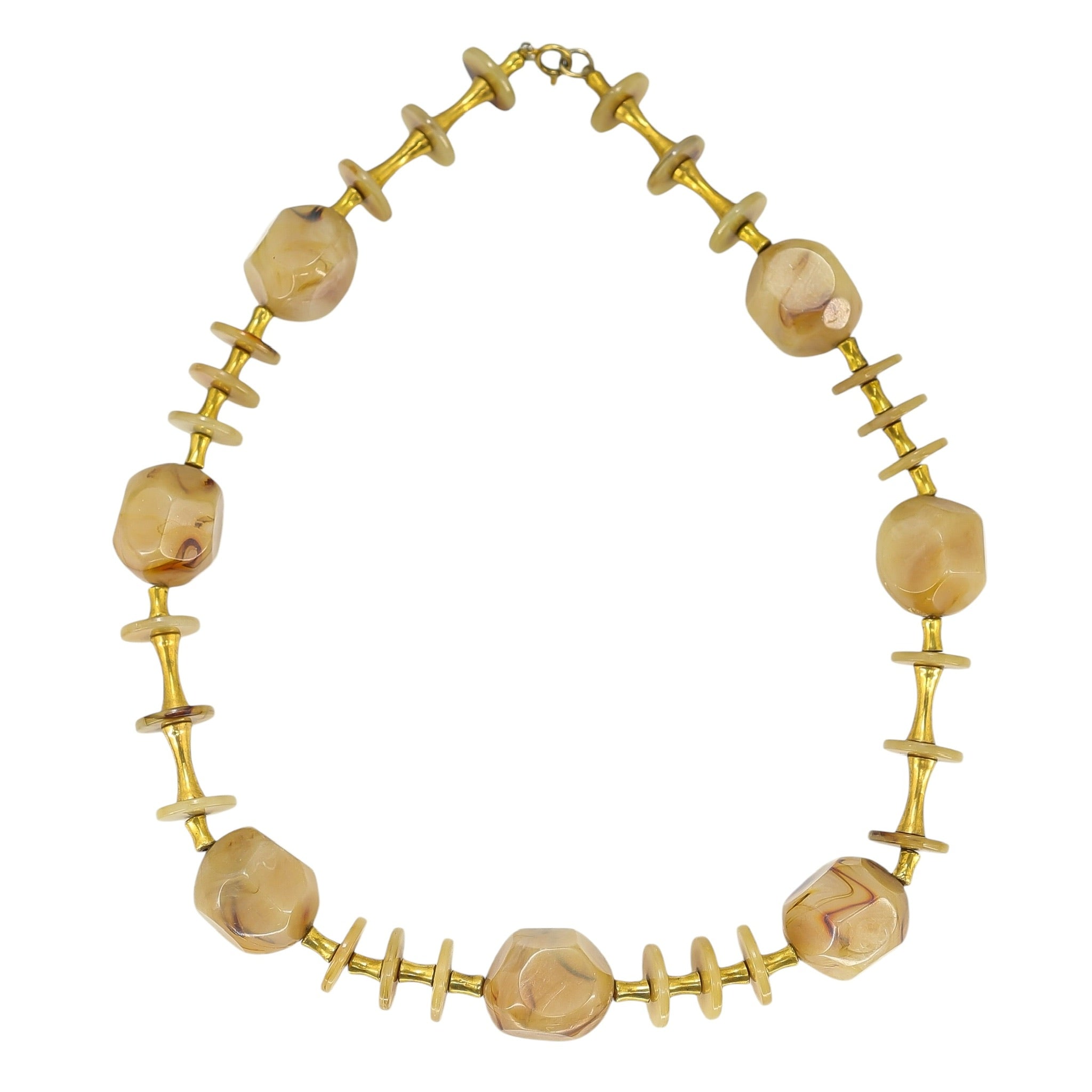 Art Deco Galalith Necklace Marbled Caramel Faceted Beads Brass 1930s