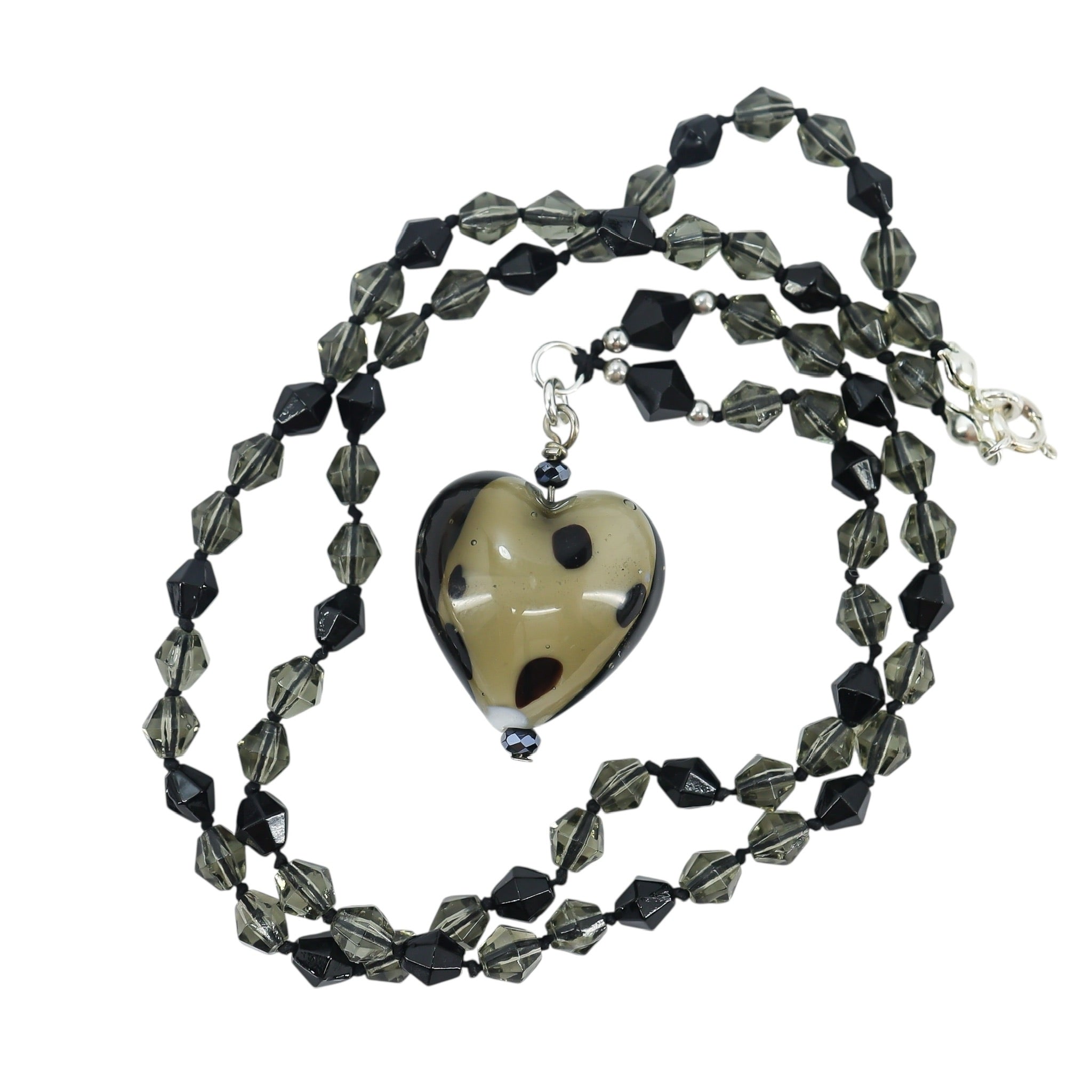 Art Glass Heart Pendant Neckalce - Smoky And Black Dots