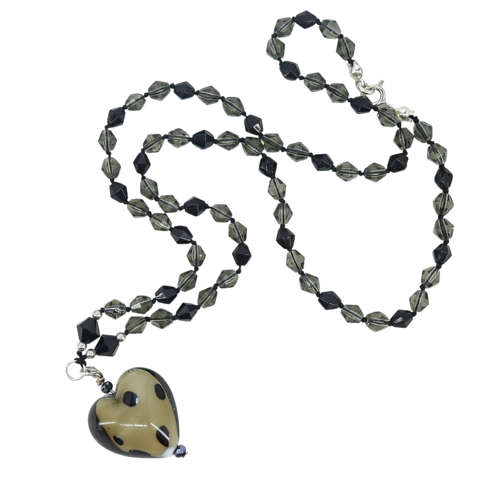 Art Glass Heart Pendant Neckalce - Smoky And Black Dots
