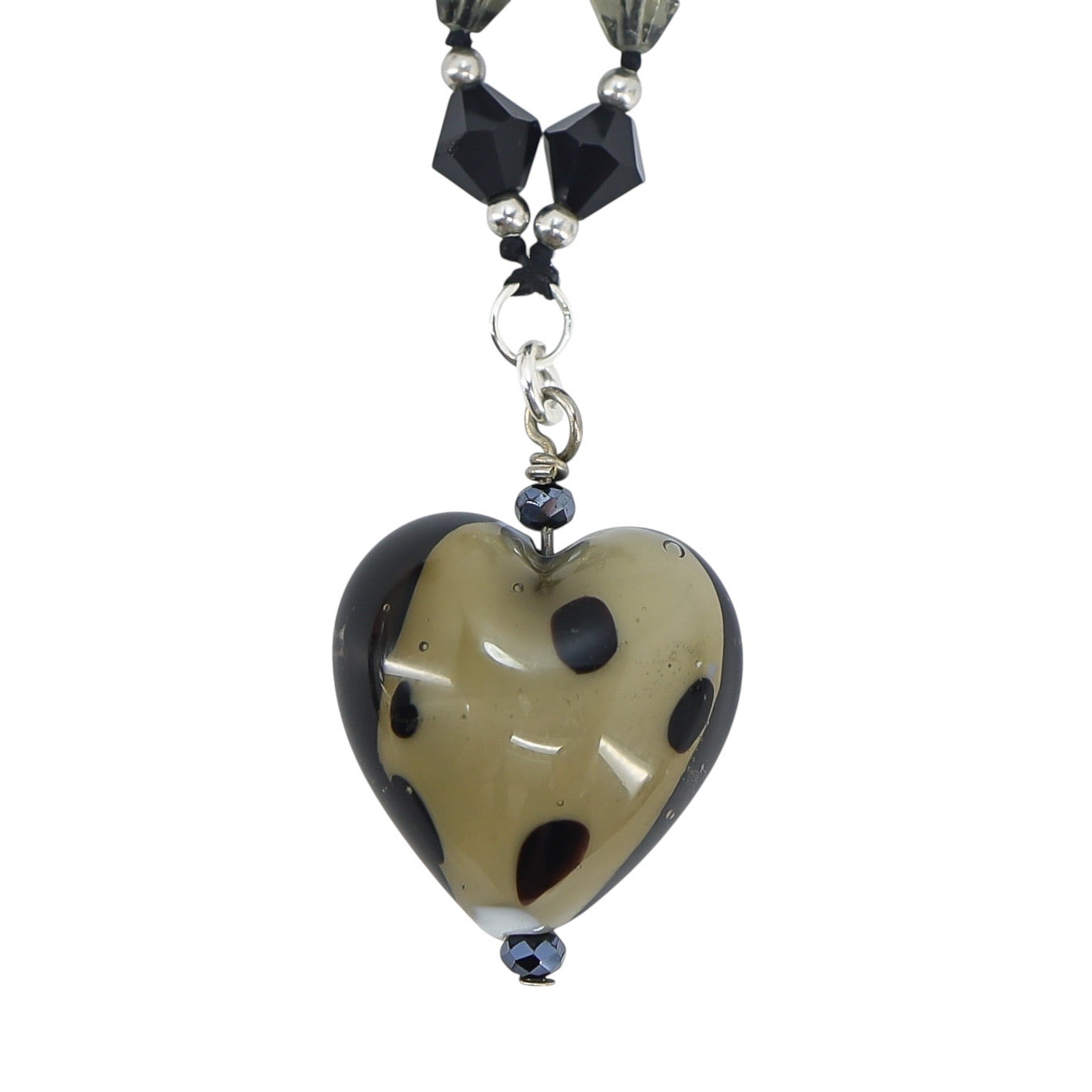 Art Glass Heart Pendant Neckalce - Smoky And Black Dots
