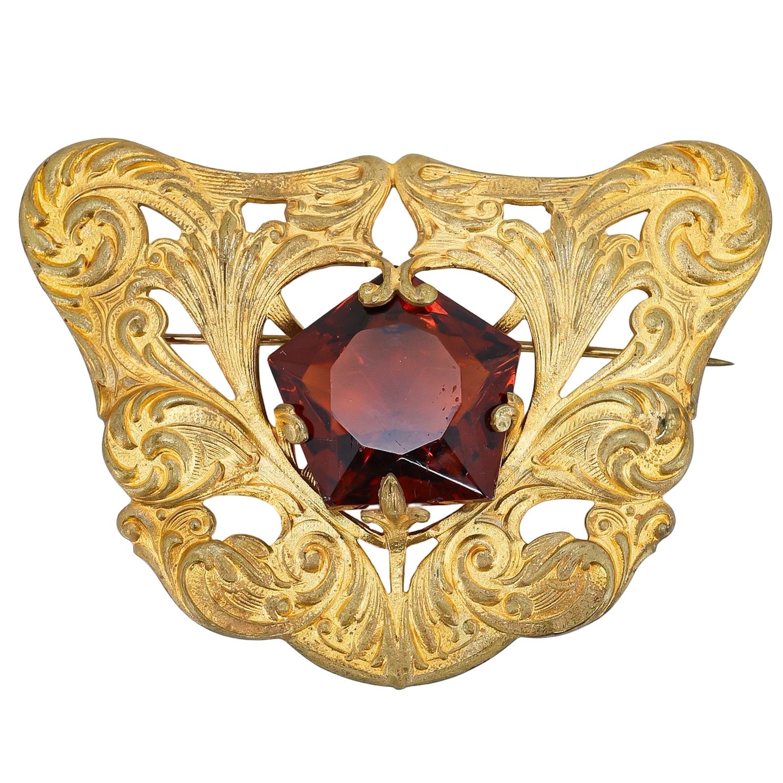 Antique Art Nouveau Gold Wash Brooch with Large Amber Glass Stone
