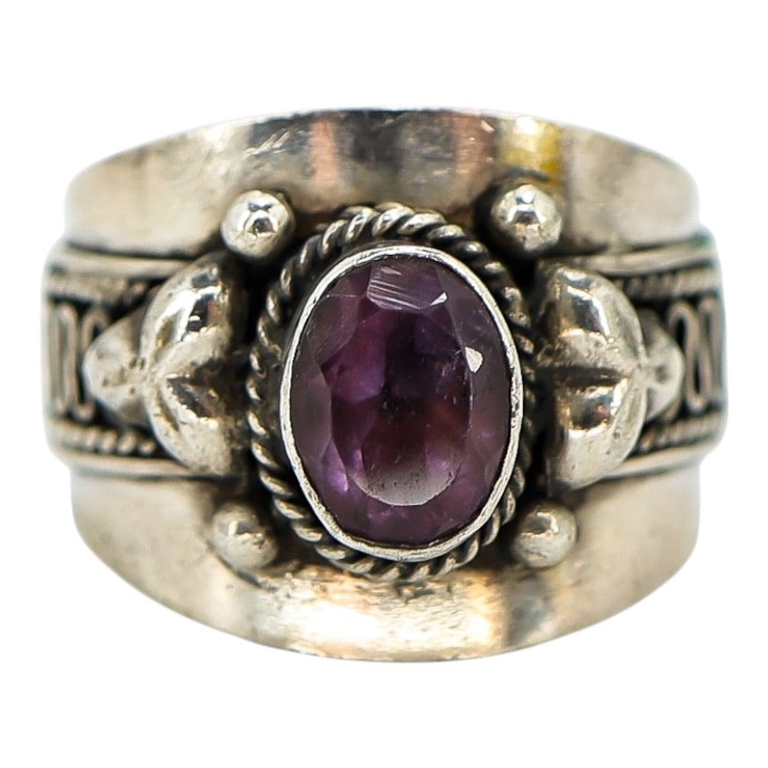 Natural Amethyst Sterling Silver Ring - Artisan Scroll - Size 6.5 - Pinky