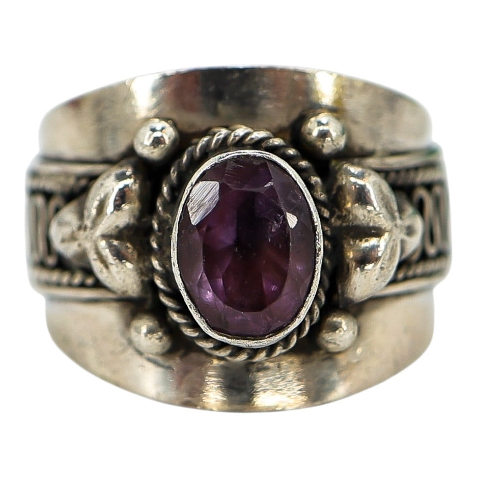 Hand Crafted Sterling Silver Ring - Artisan Scroll - Natural Amethyst - Size 6.5