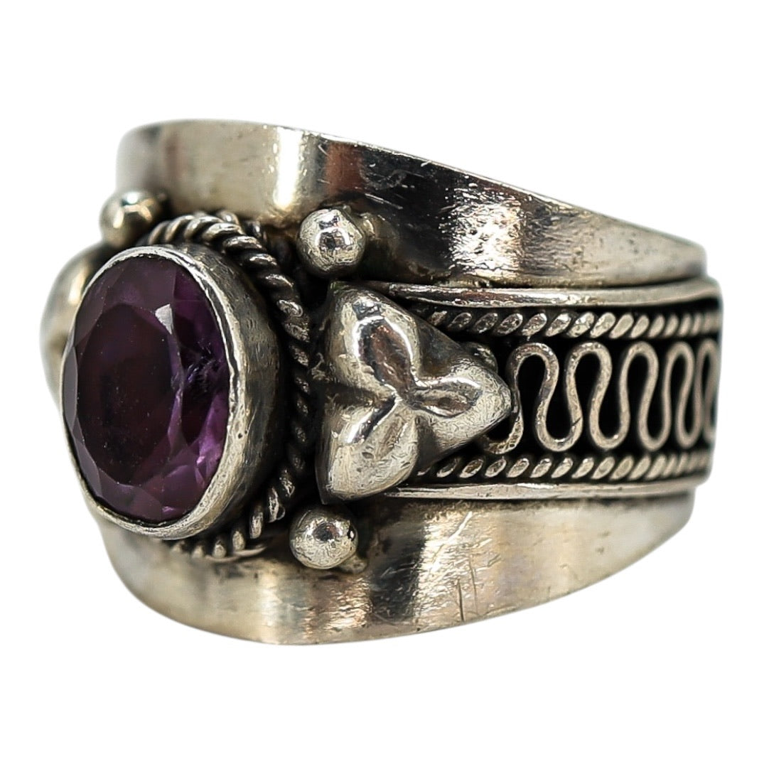 Hand Crafted Sterling Silver Ring - Artisan Scroll - Natural Amethyst - Size 6.5