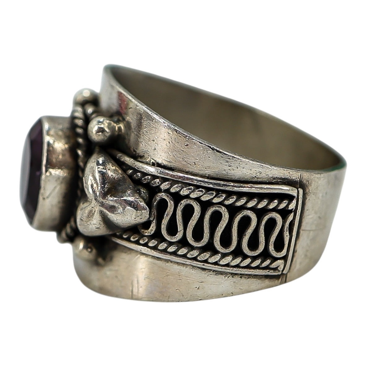 Hand Crafted Sterling Silver Ring - Artisan Scroll - Natural Amethyst - Size 6.5