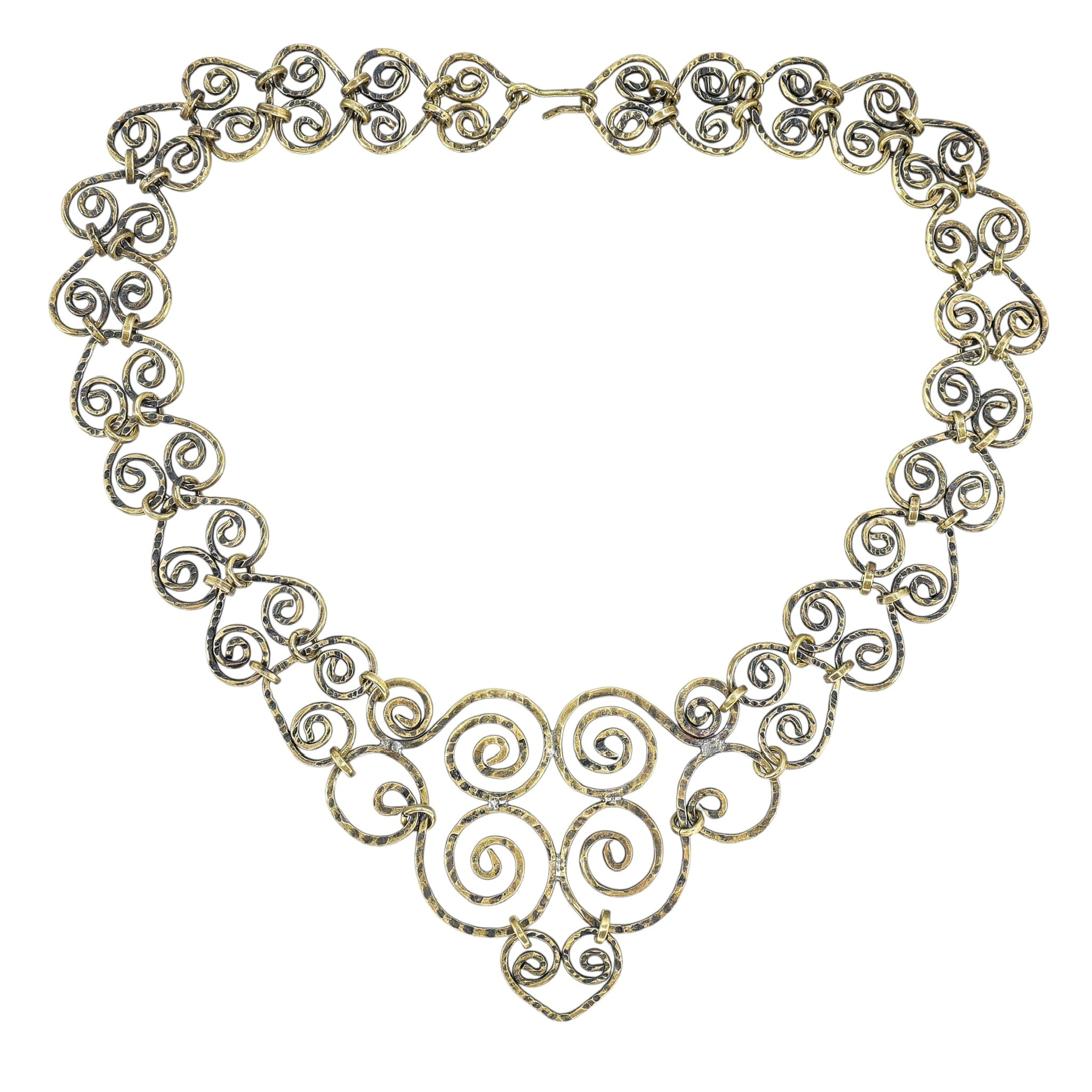 Artisan Spiral Scroll Hand Hammered Brass Statement Bib Necklace