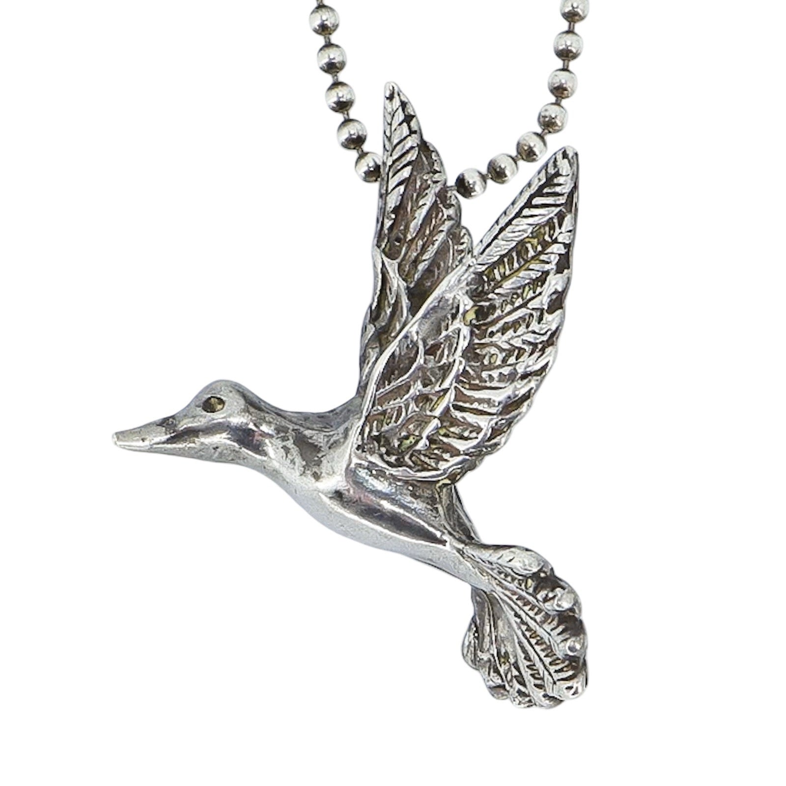 Vintage Sterling Silver Flying Bird Pendant Necklace – Sculptural Figural Bird on Ball Chain