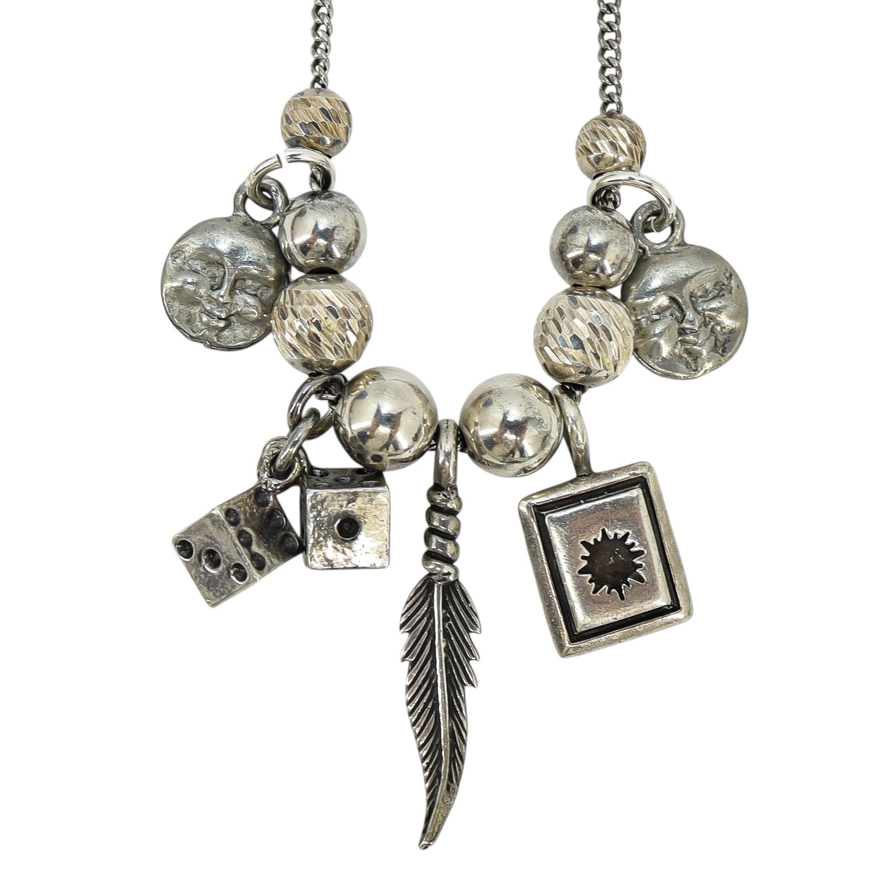 Whimsical Artisan Silver Charm Necklace - Moon Faces, Dice, Feather