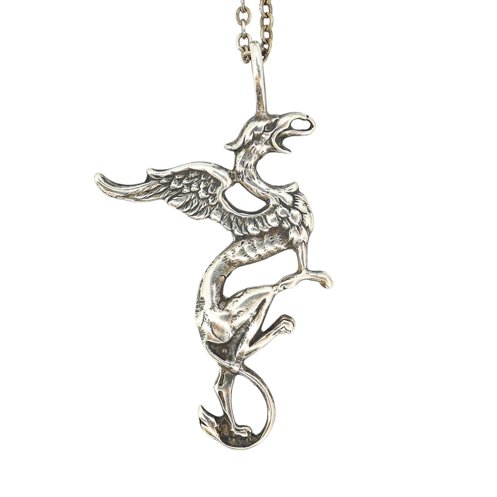 Artisan Cast Sterling Silver Large Dragon Pendant Necklace - Whimsical Gothic Style