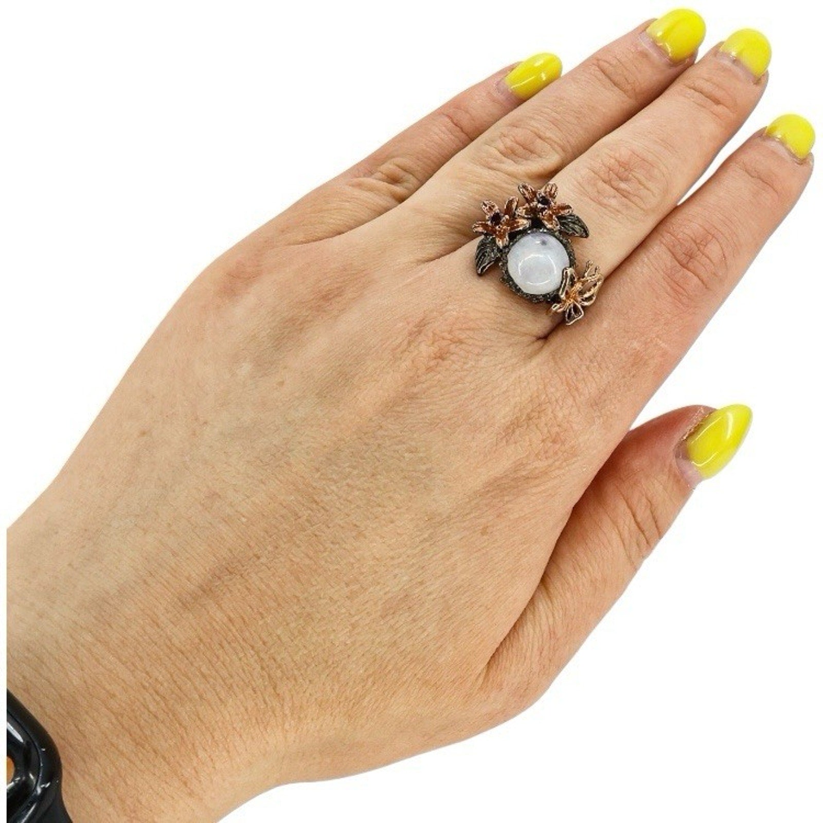 Sterling Silver Whimsical Garden Ring W Moonstone Flowers & Butterfly Size 8.5