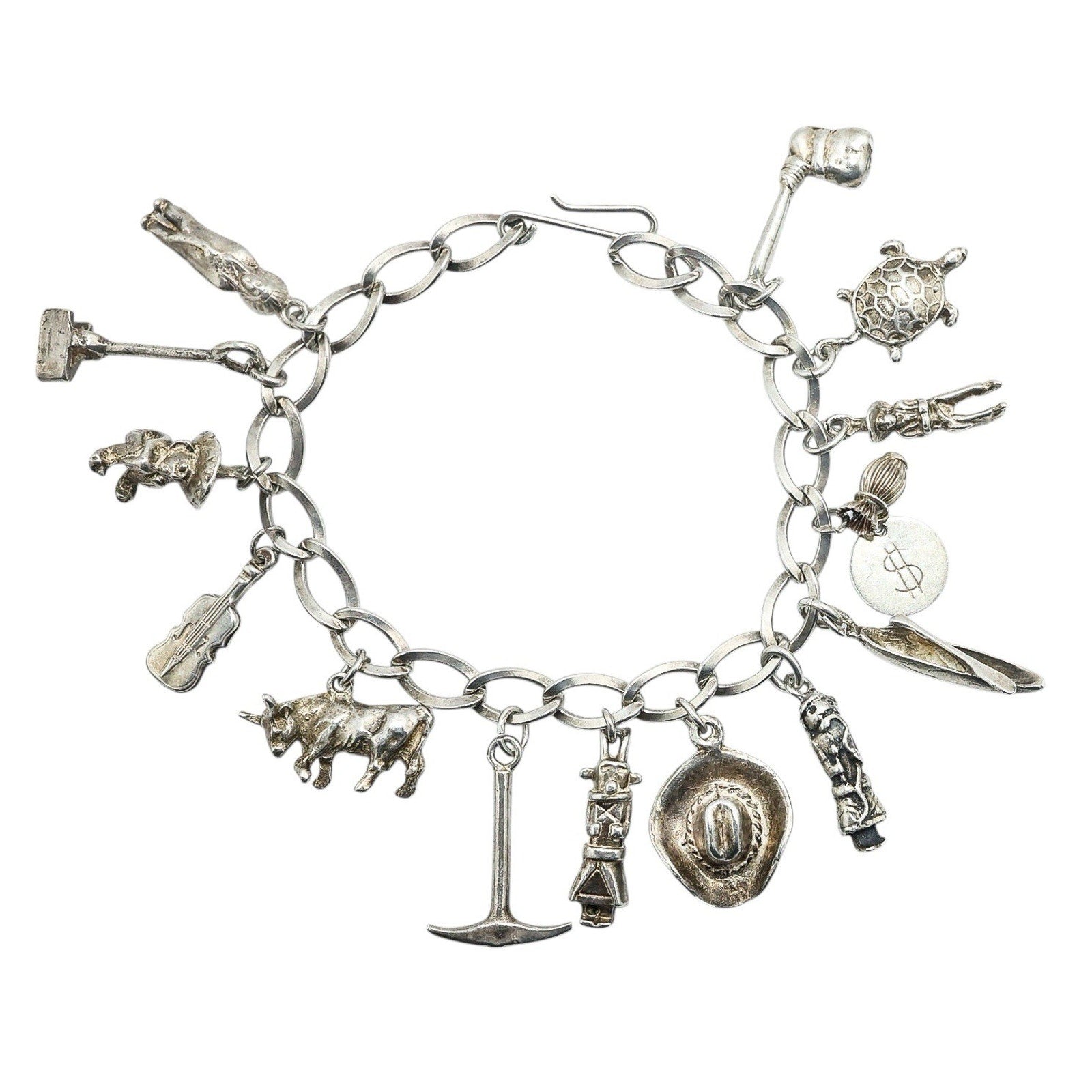 Heavy Silver Wild West Western Charm Bracelet 34g Cowboy Rodeo Boho Acid Tested