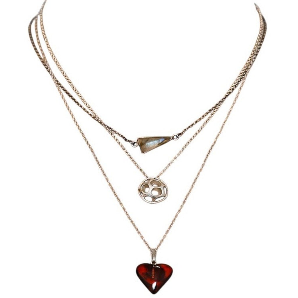 Lot Of 3 Stackable Sterling Silver Layered Necklace Set Labradorite Amber Boho