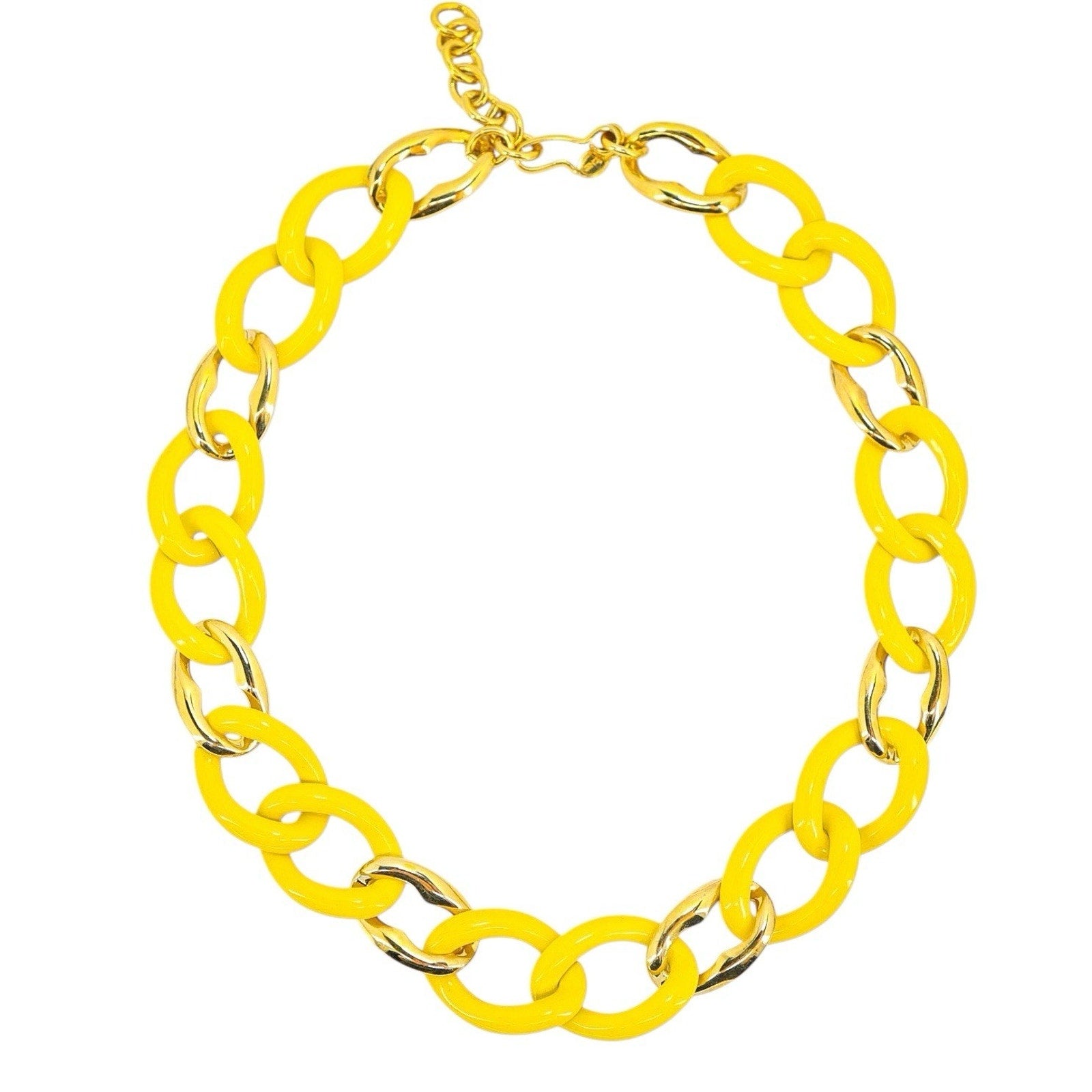 Vintage 80s Monet MOD Yellow Enamel Gold Tone Link Chain Necklace
