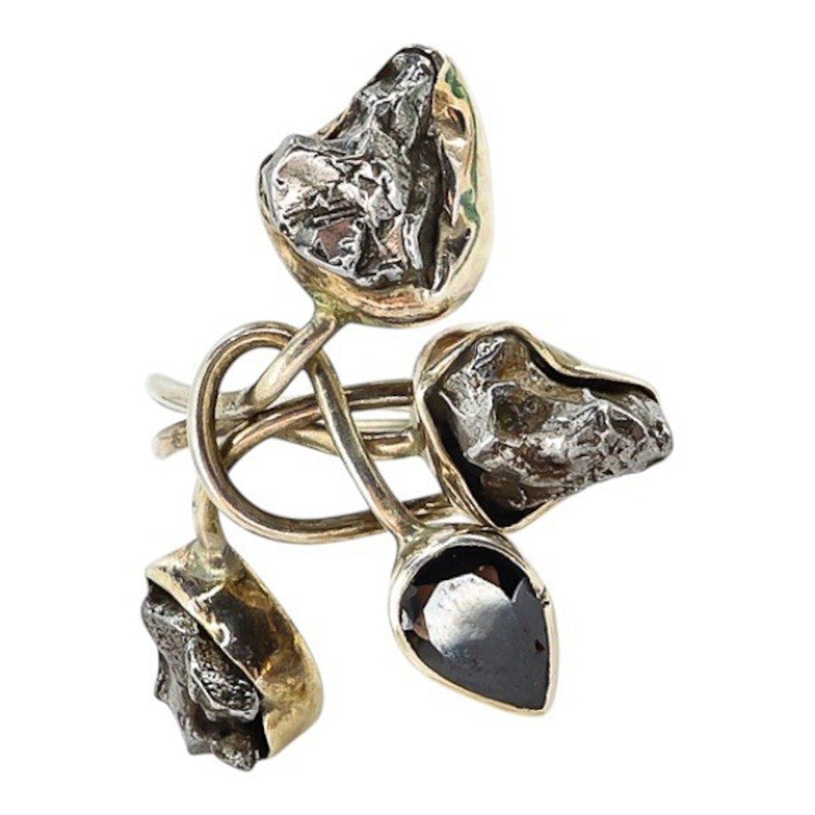 Sterling Artisan Ring Brutalist Organic Modernist Raw Stones Faceted Black Gem