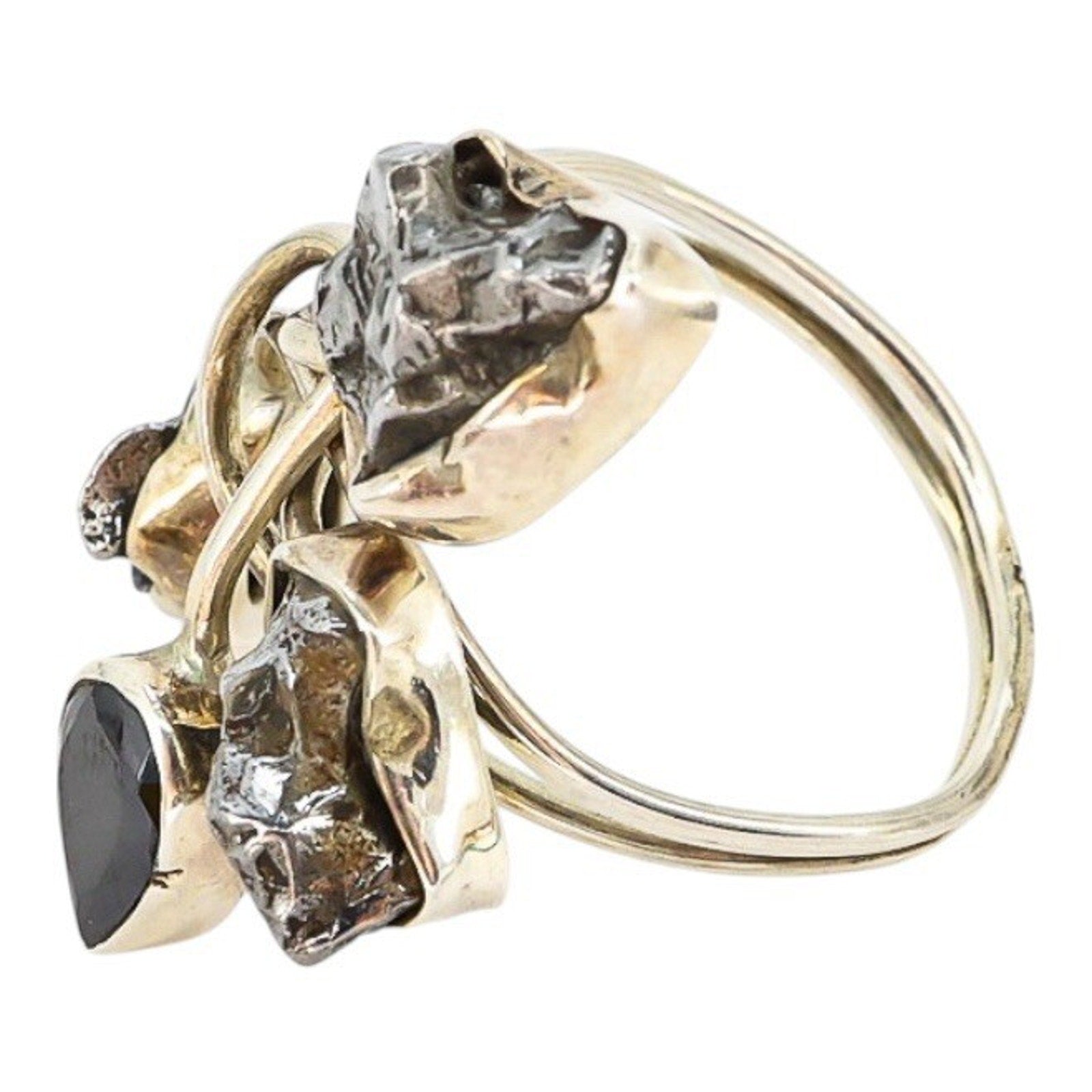Sterling Artisan Ring Brutalist Organic Modernist Raw Stones Faceted Black Gem